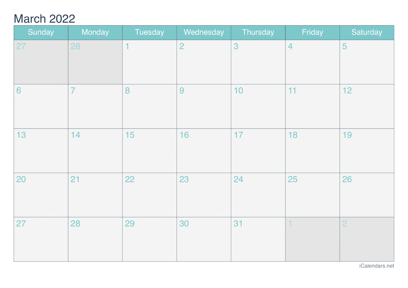 2022 March Calendar - Turquoise