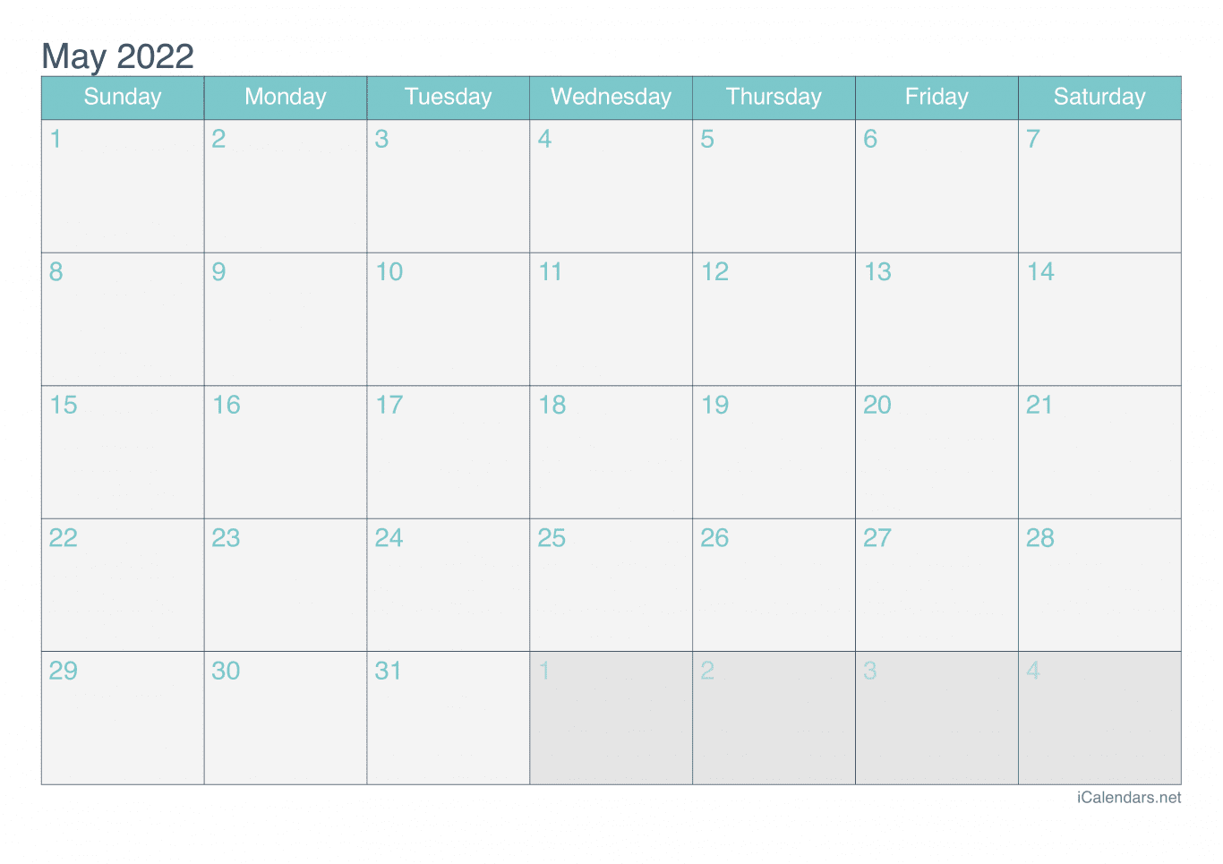 2022 May Calendar - Turquoise