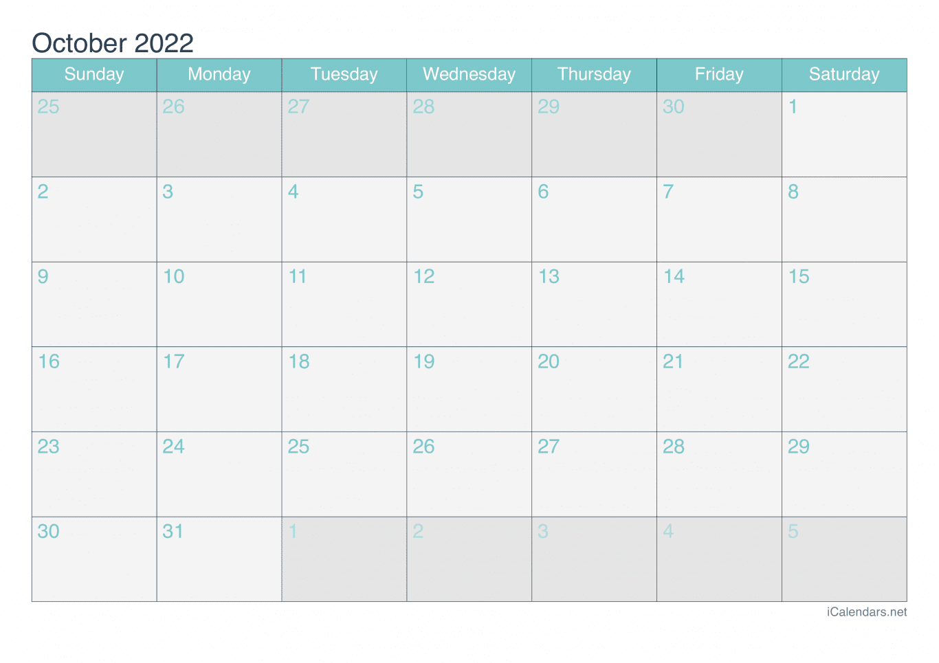 2022 October Calendar - Turquoise