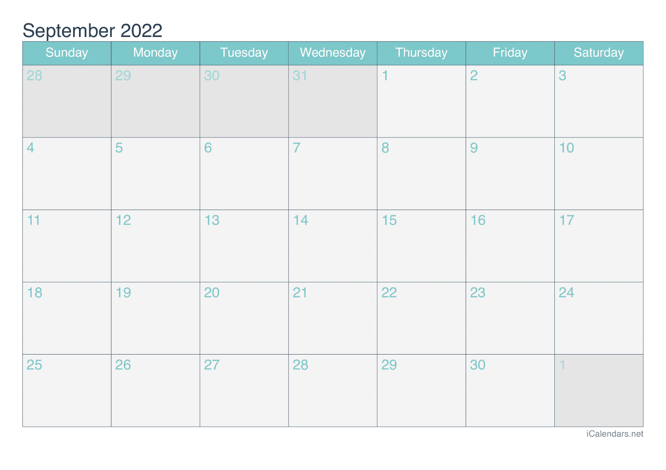 2022 September Calendar - Turquoise