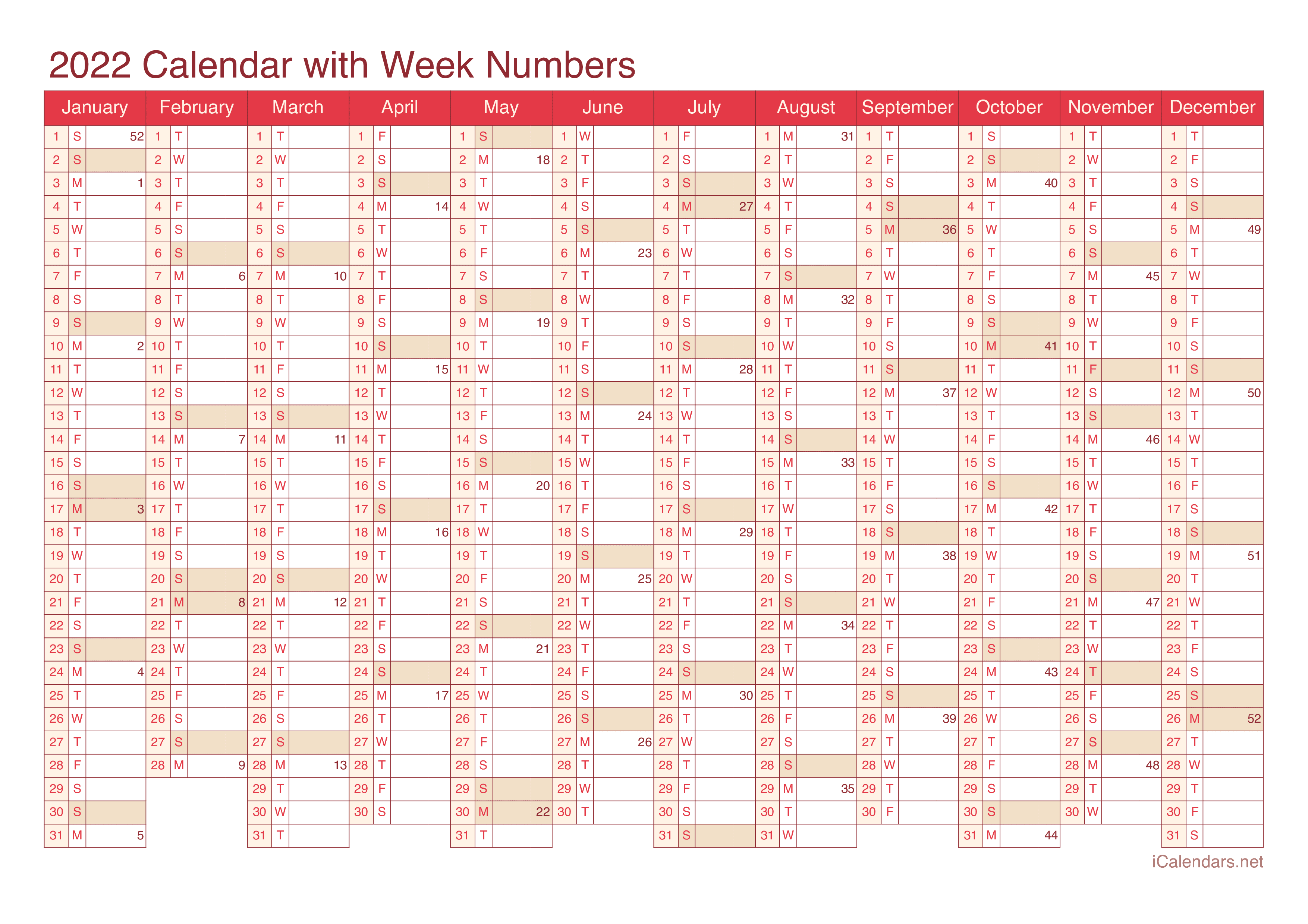 2022 Calendar with week numbers - Cherry