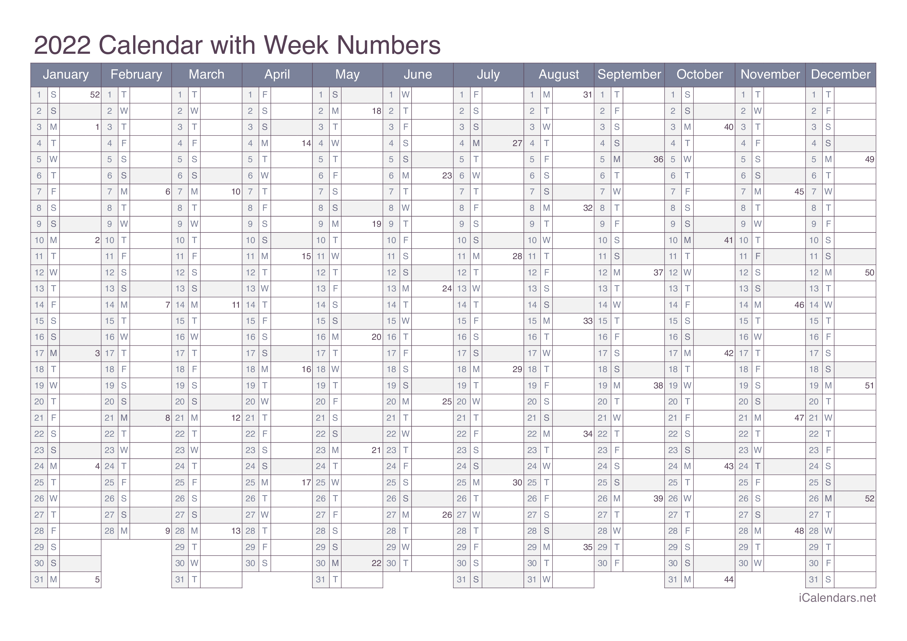 2022 Calendar with week numbers - Office