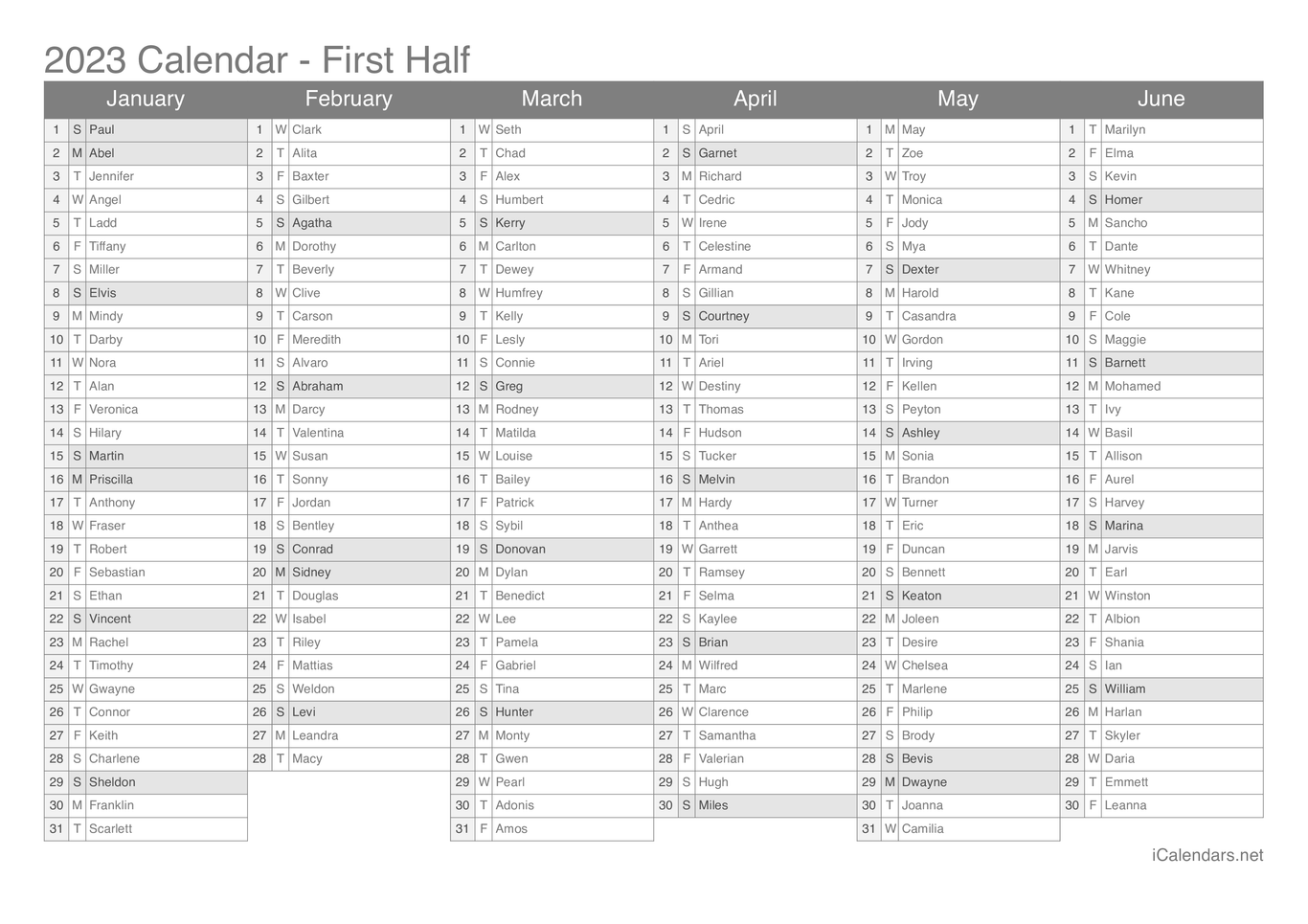 2023 Half year name day calendar