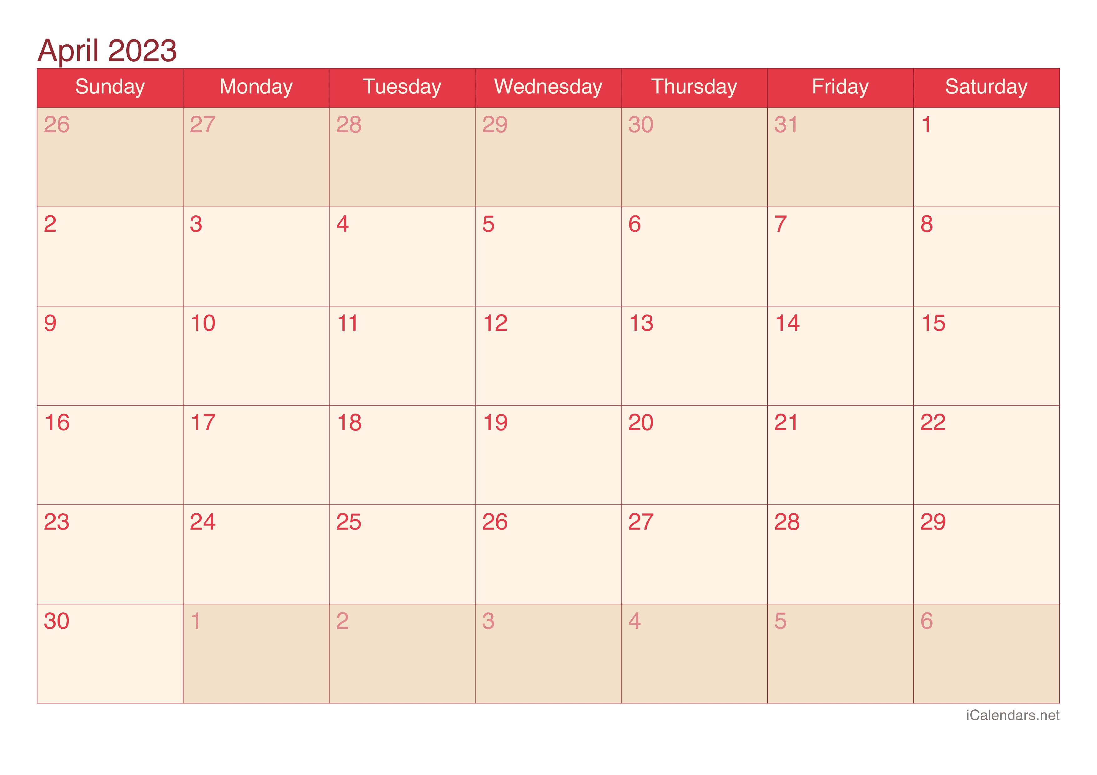 2023 April Calendar - Cherry