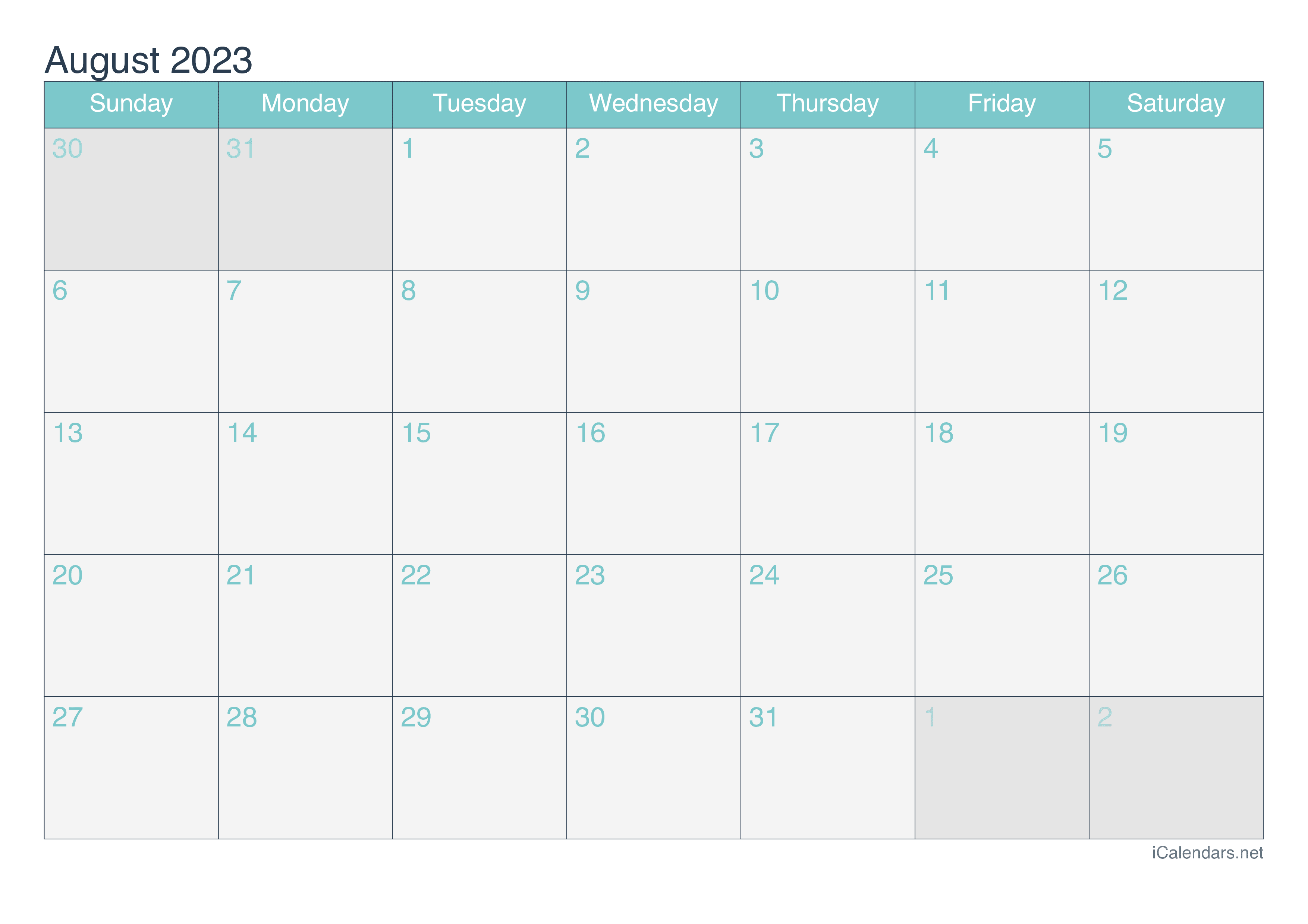 2023 August Calendar - Turquoise