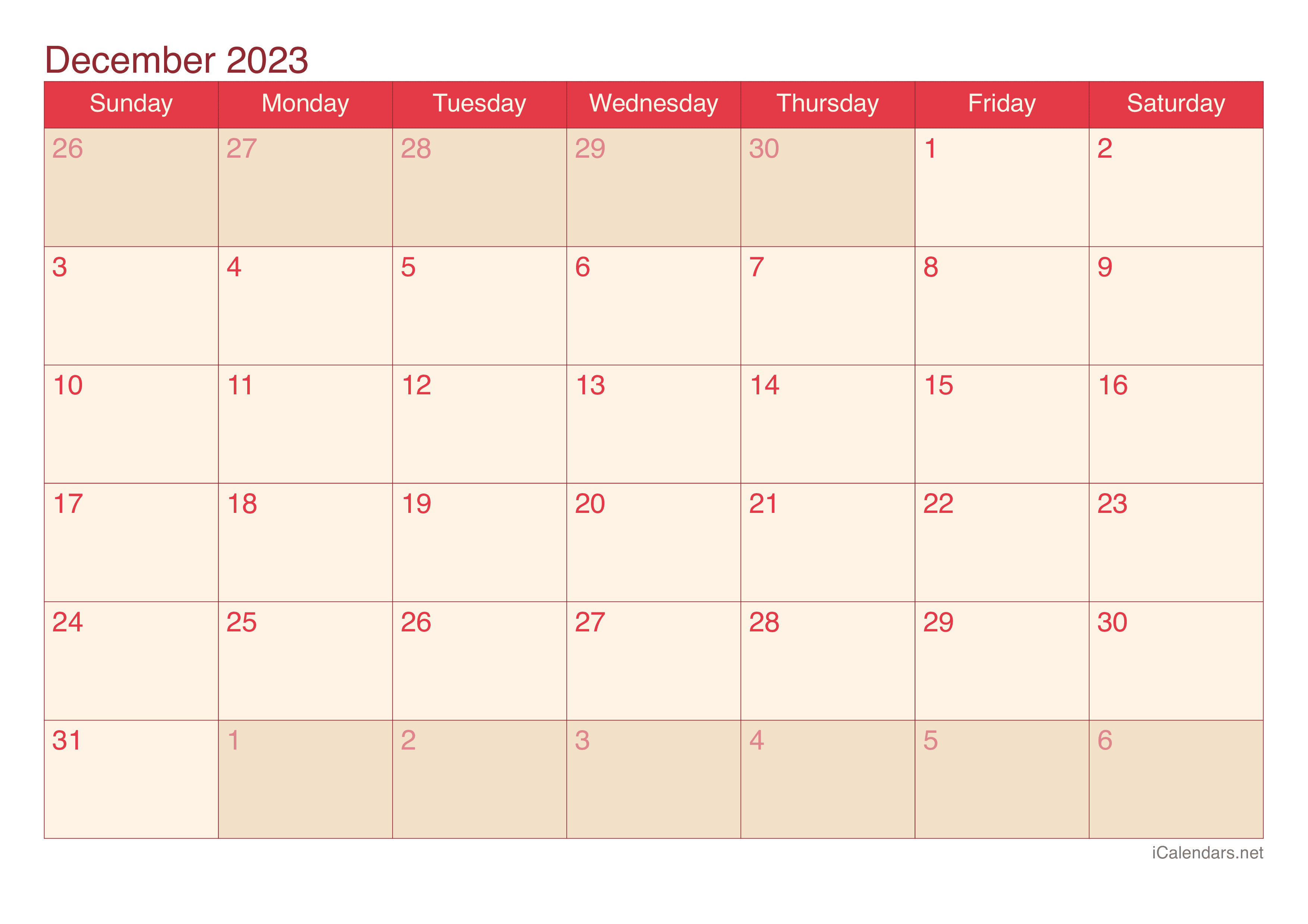 2023 December Calendar - Cherry