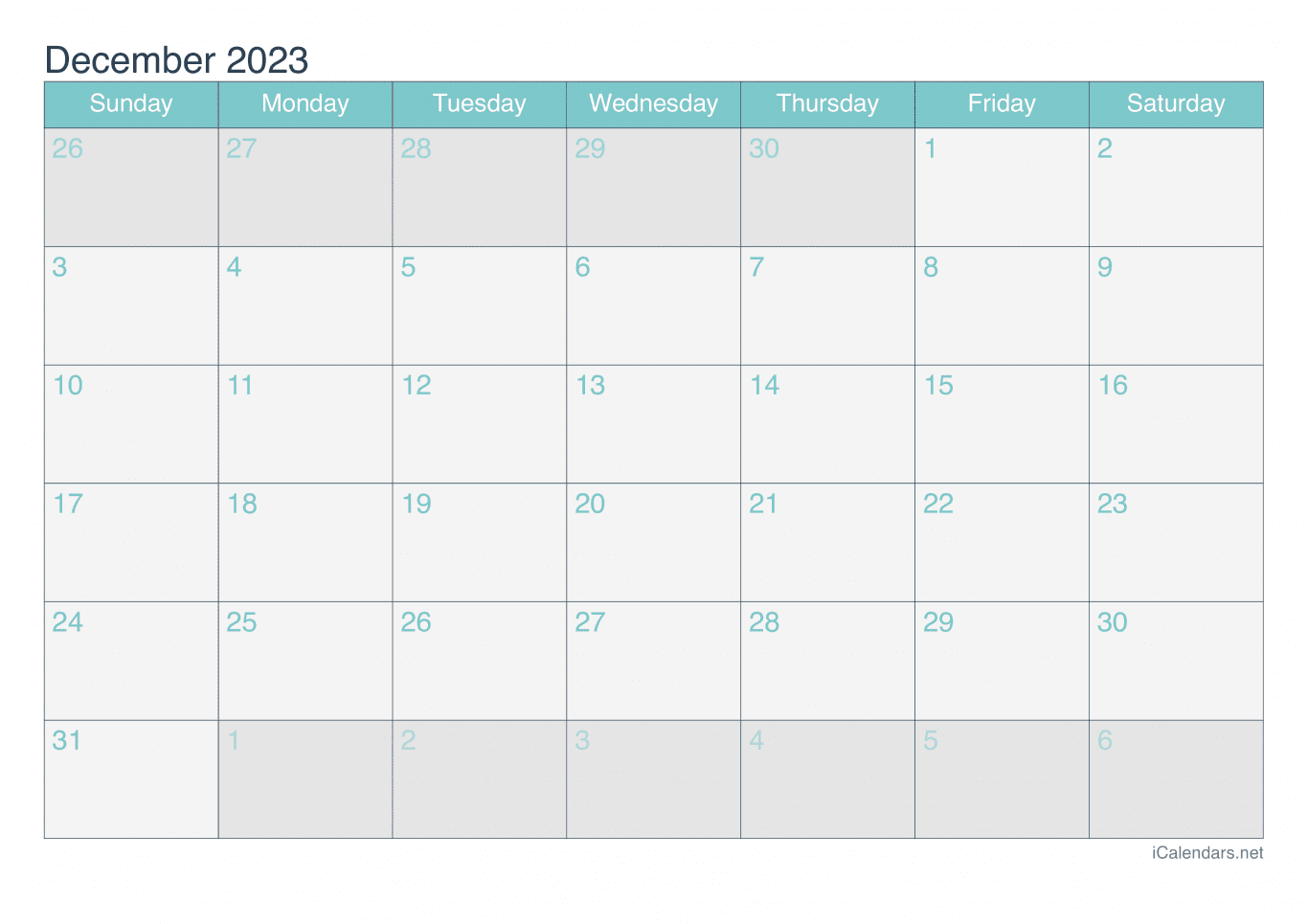 2023 December Calendar - Turquoise