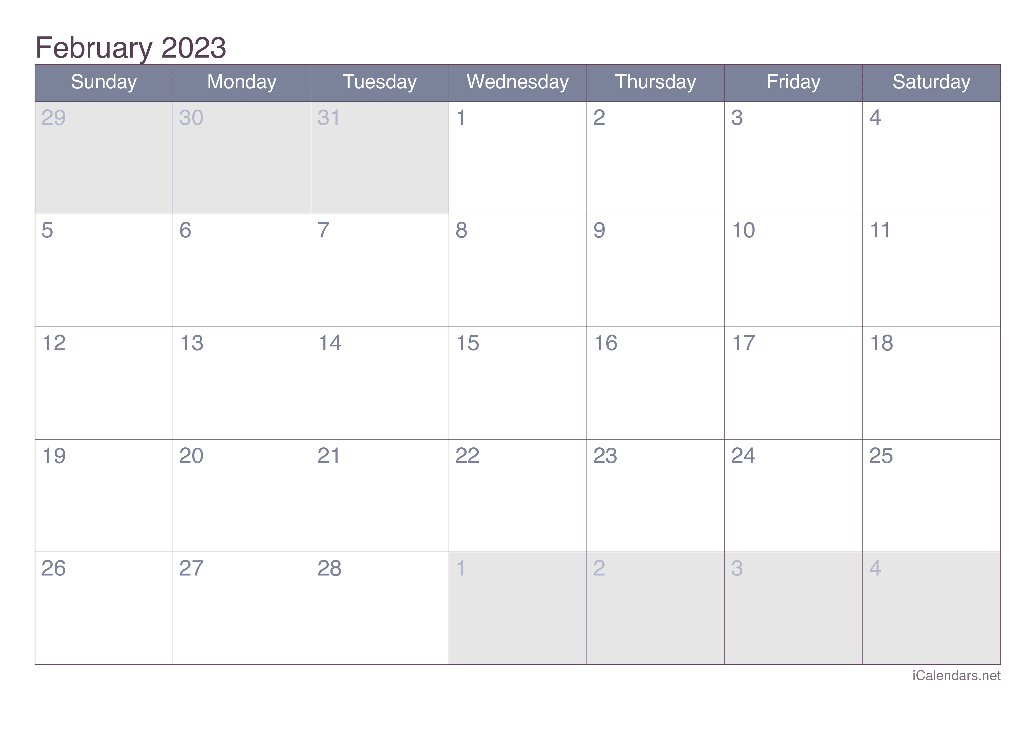 2023 February Calendar - Office
