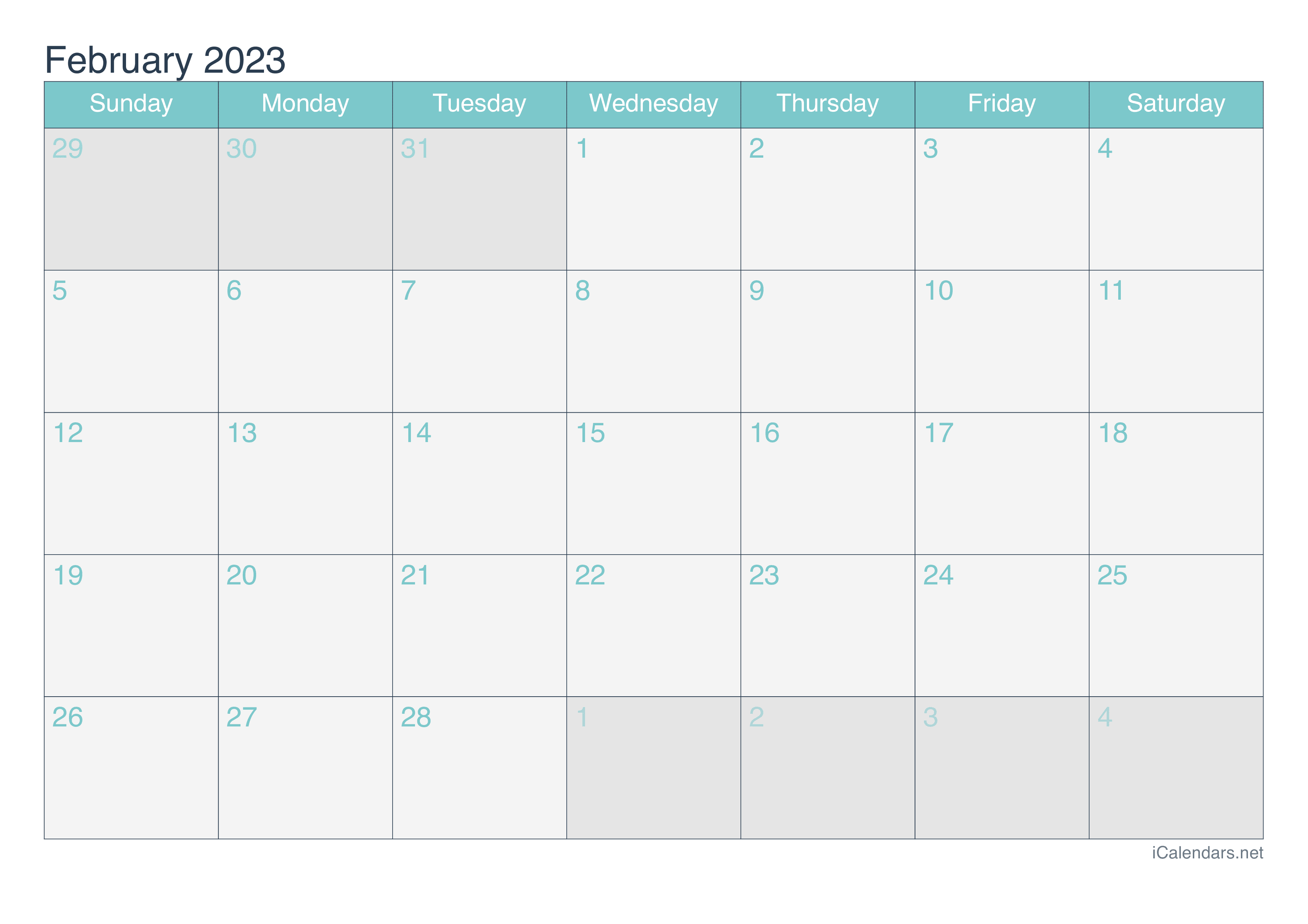 2023 February Calendar - Turquoise