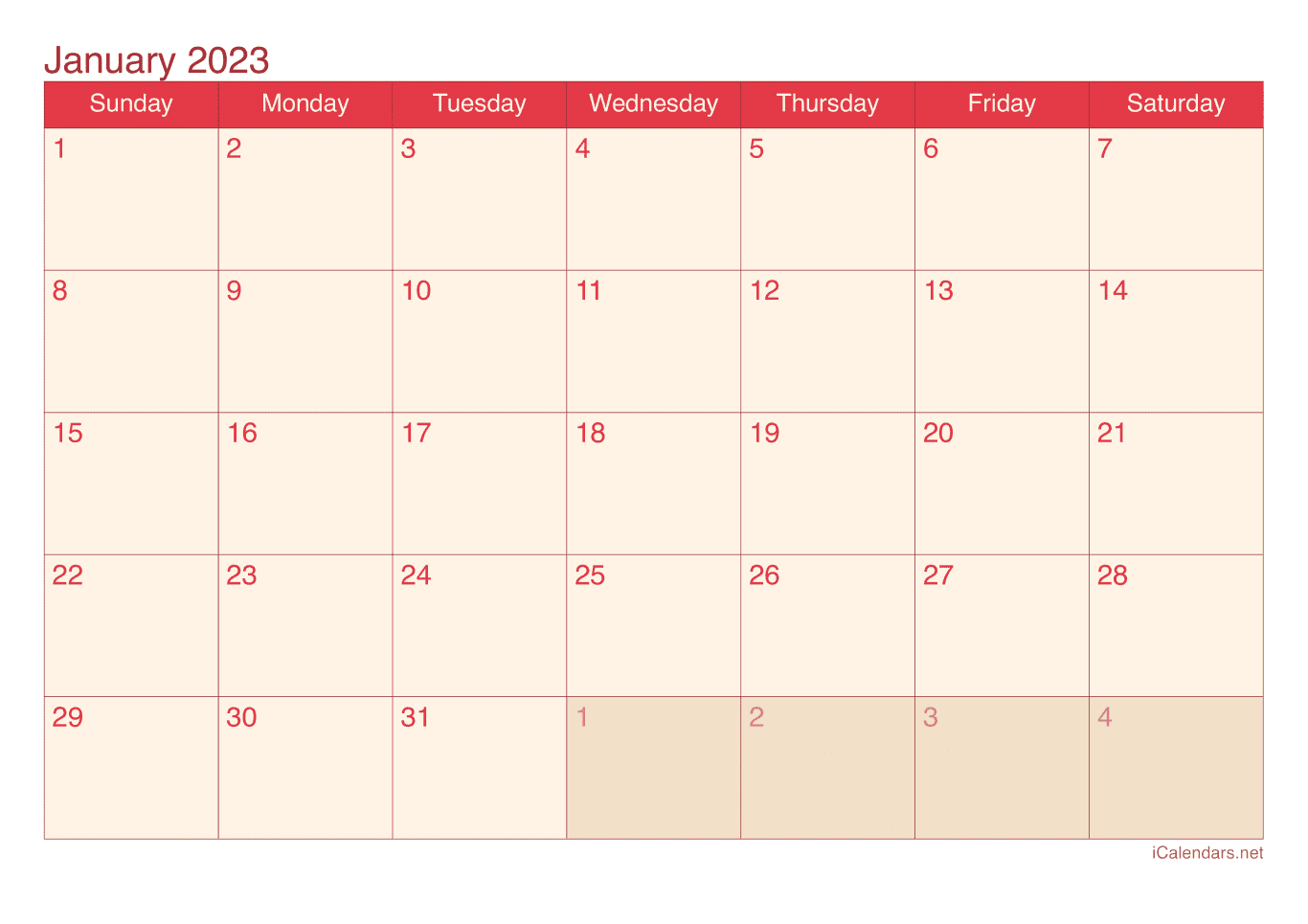2023 January Calendar - Cherry