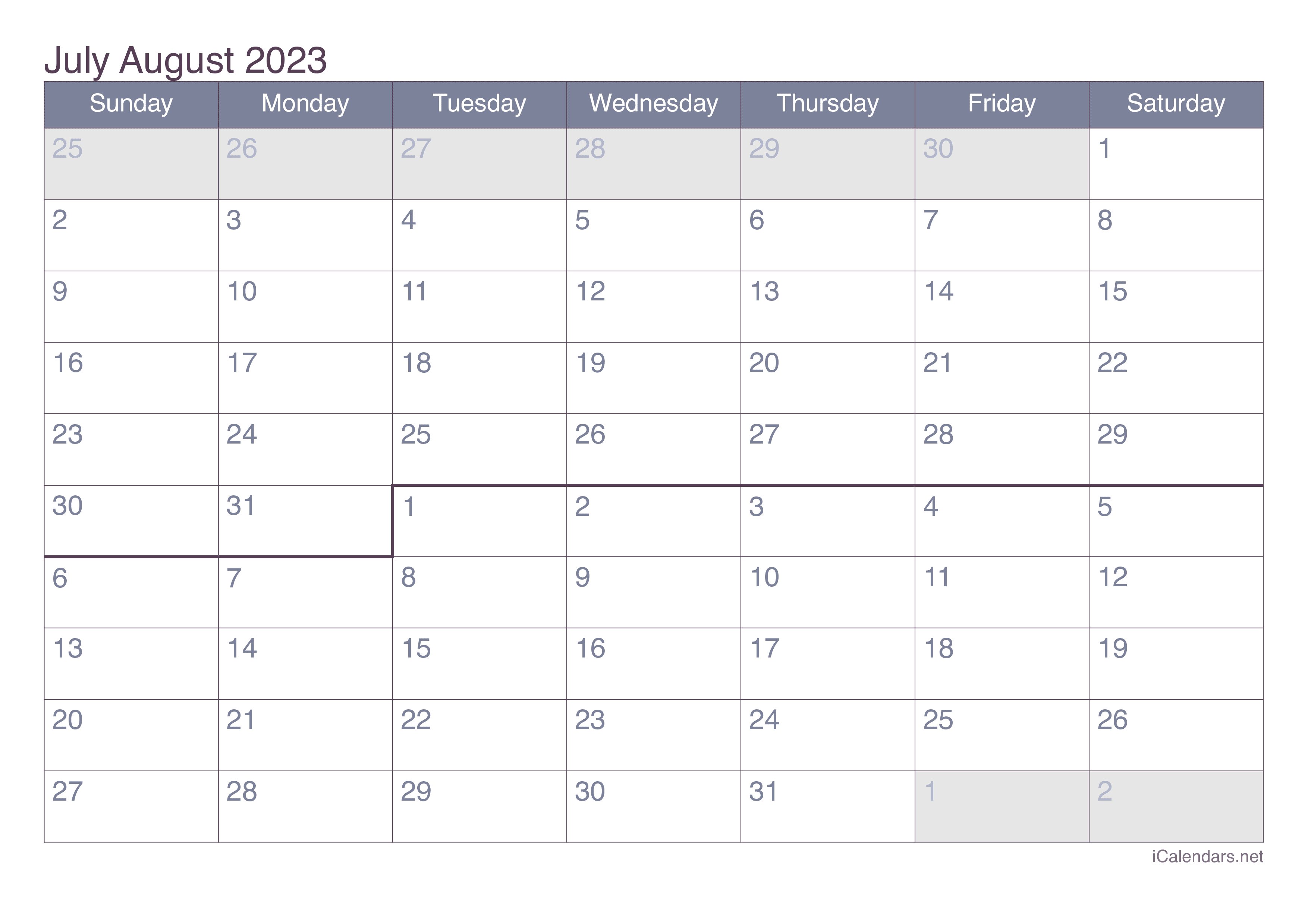 2023 July August Calendar - Office