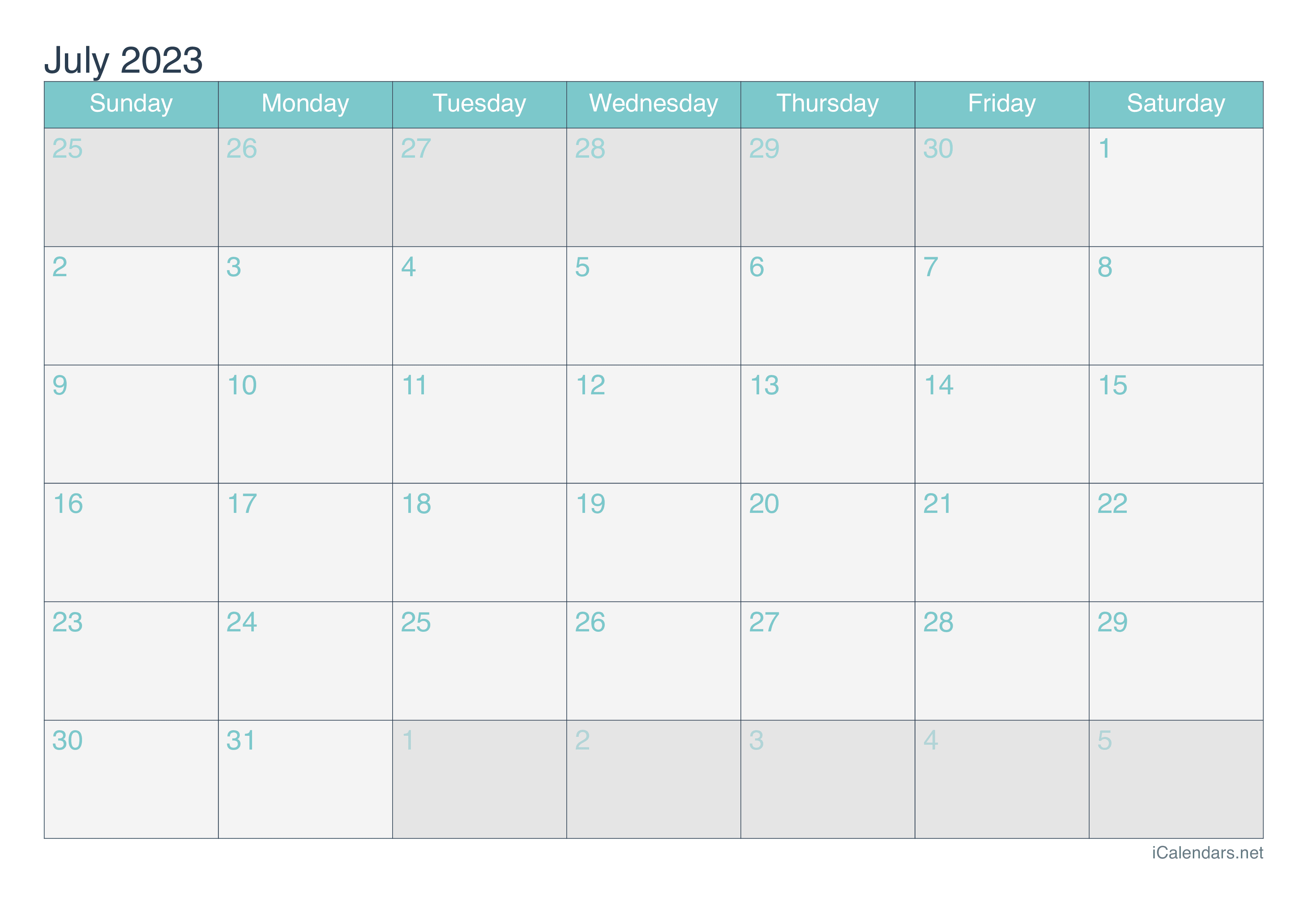 2023 July Calendar - Turquoise