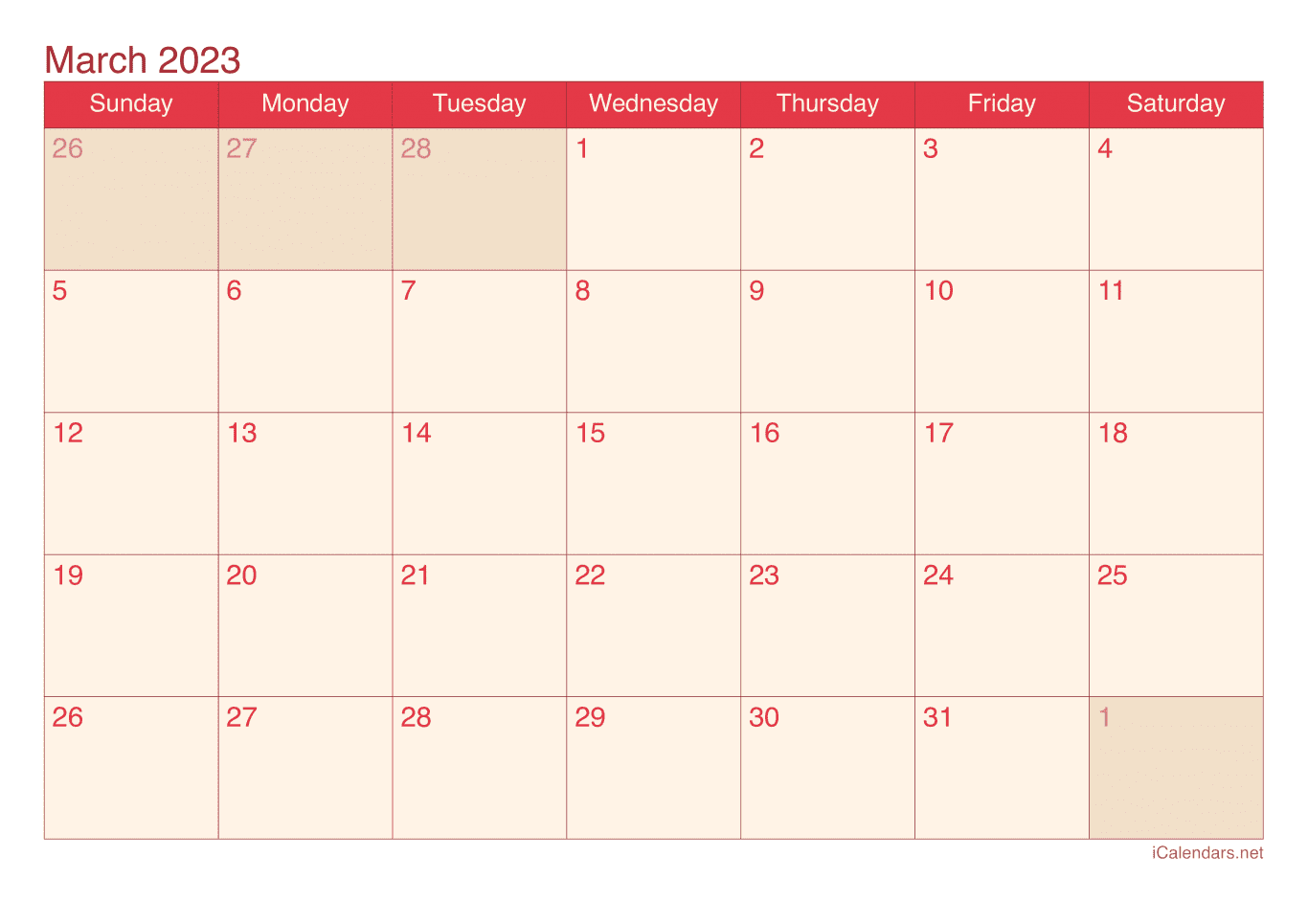 2023 March Calendar - Cherry
