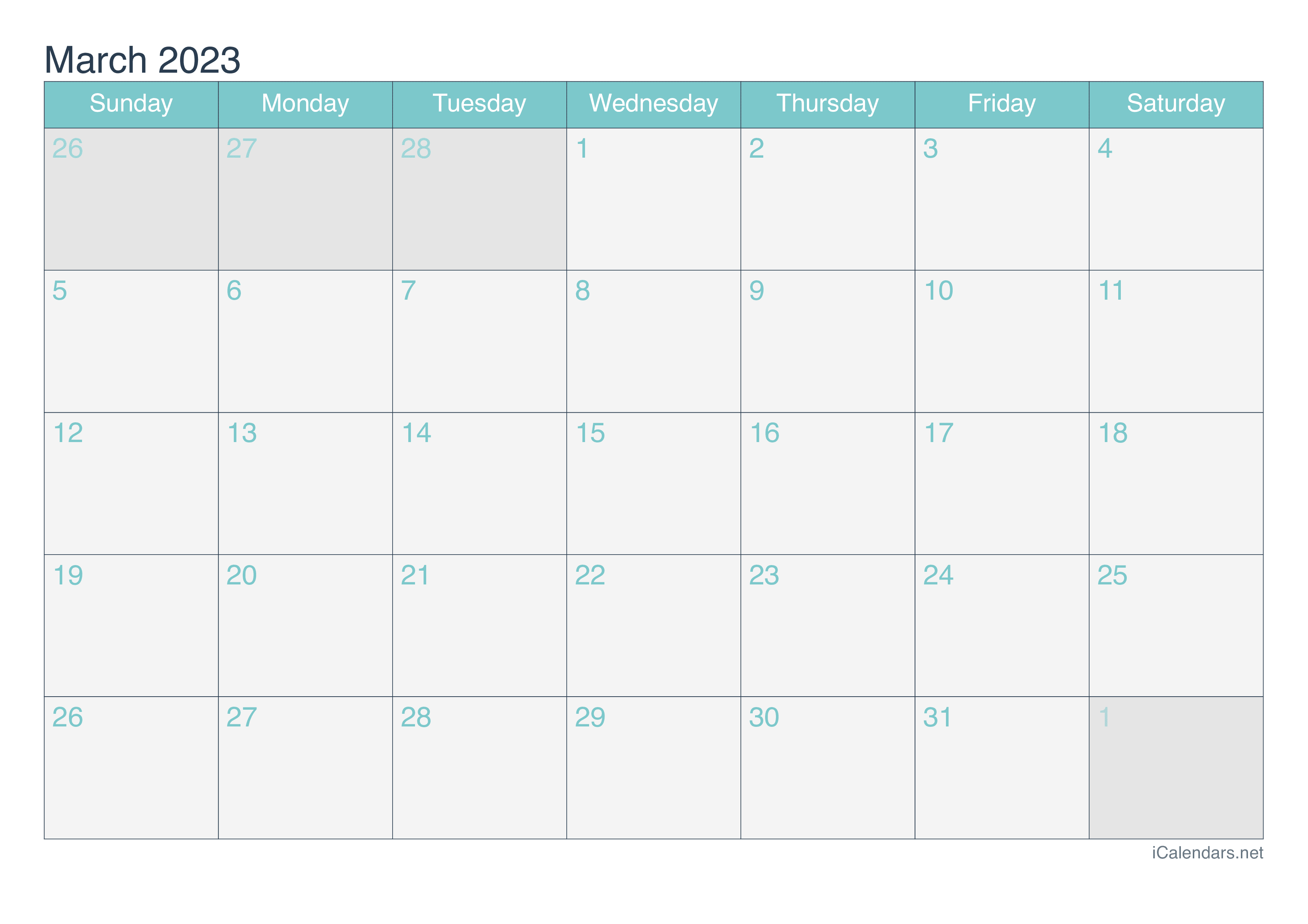 2023 March Calendar - Turquoise