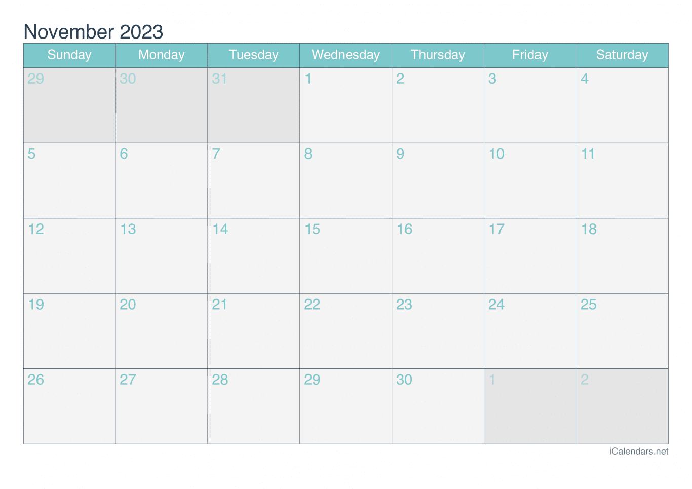2023 November Calendar - Turquoise