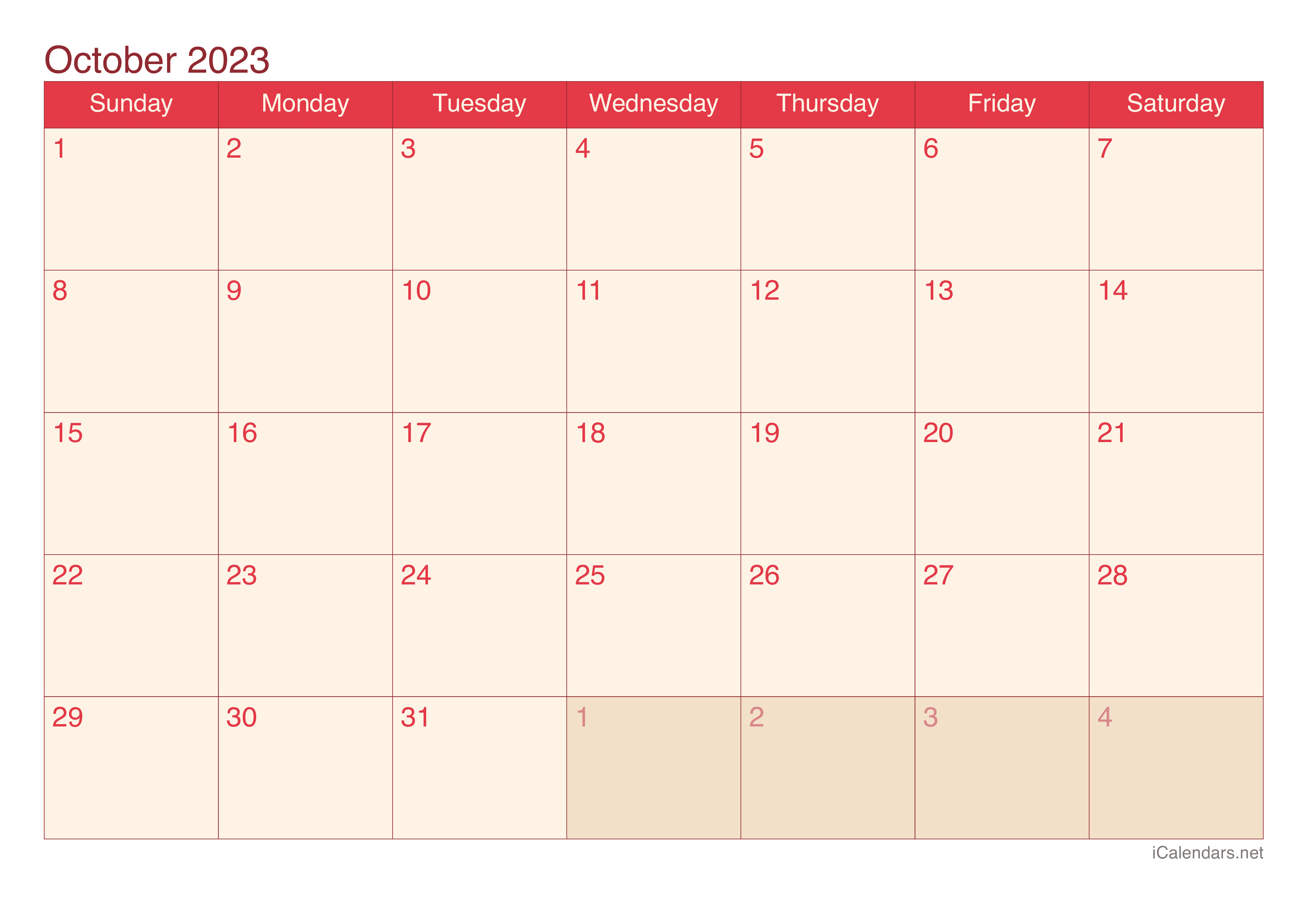 2023 October Calendar - Cherry