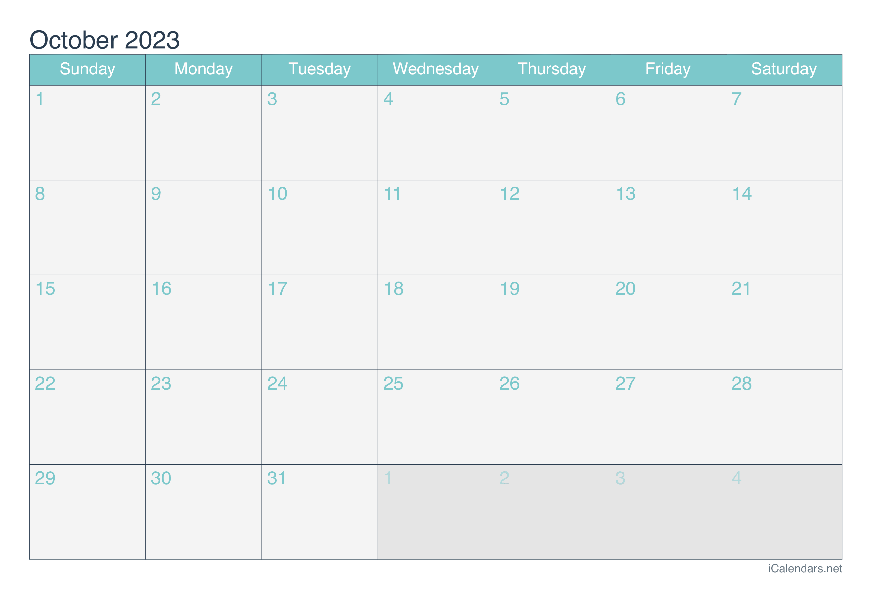 2023 October Calendar - Turquoise