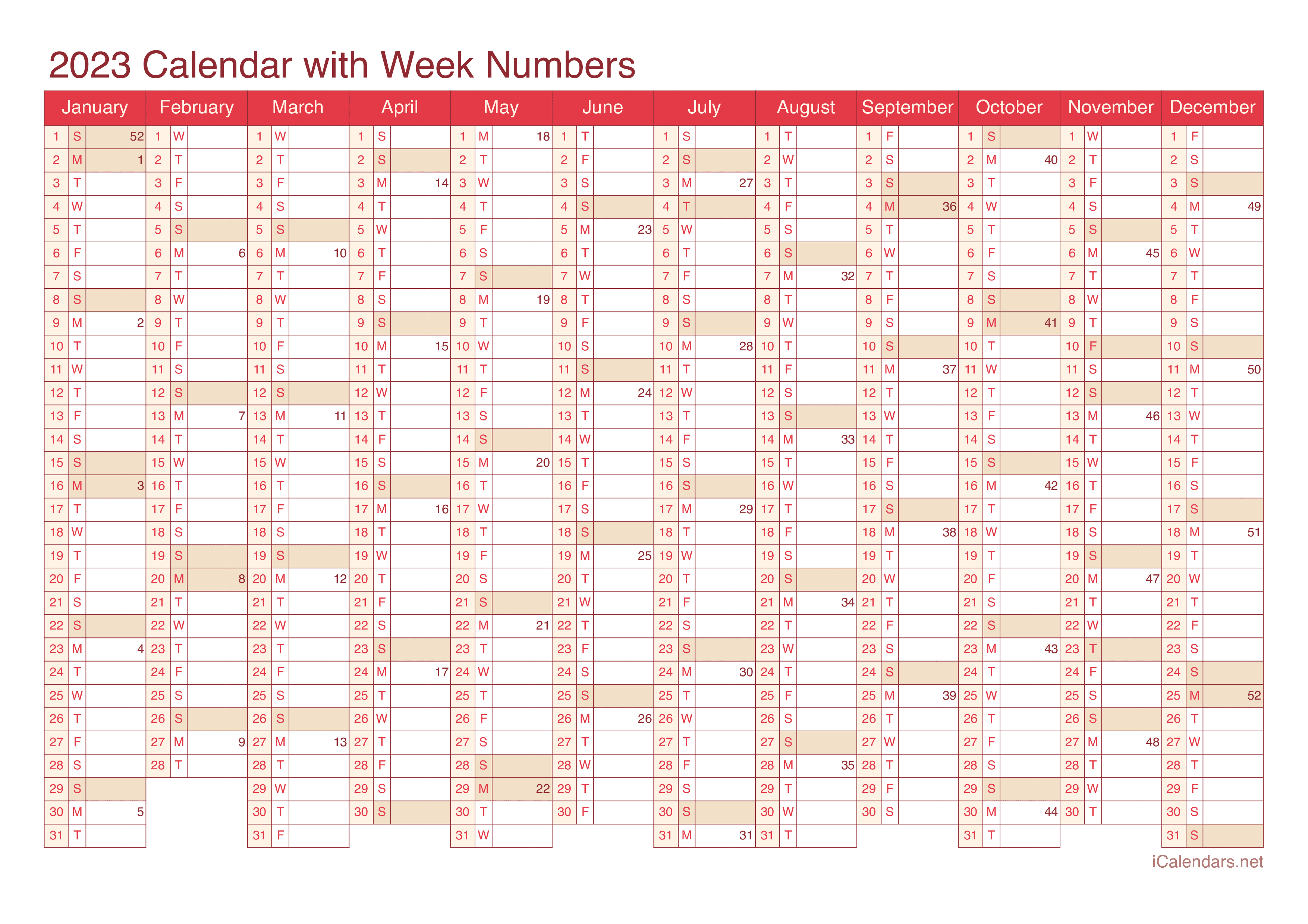 2023 Calendar with week numbers - Cherry