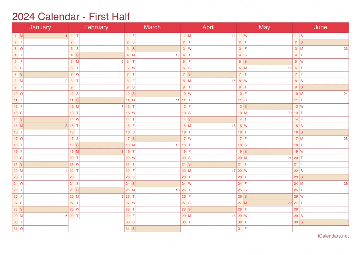2024 Half year calendar with week numbers - Cherry