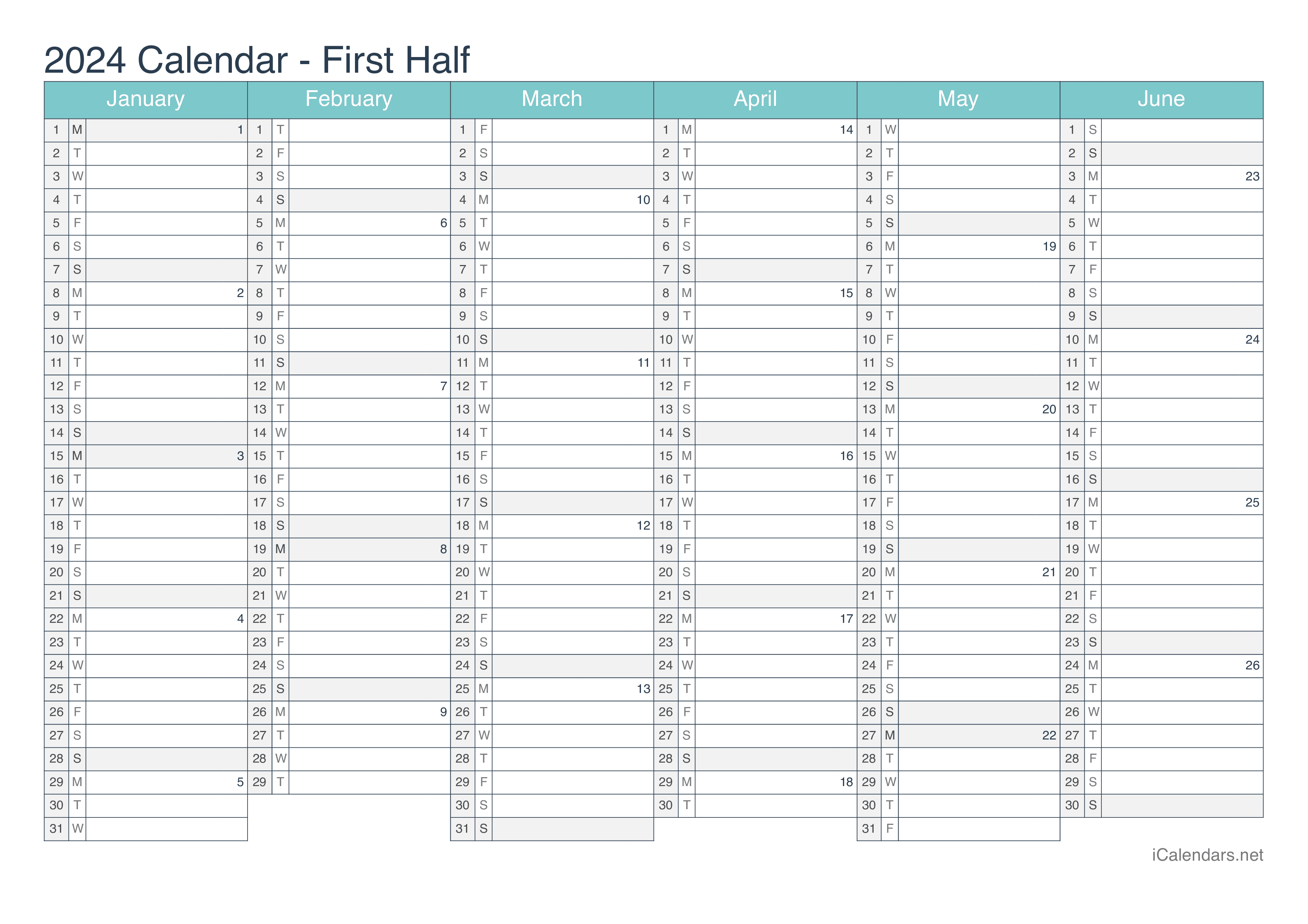 2024 Half year calendar with week numbers - Turquoise