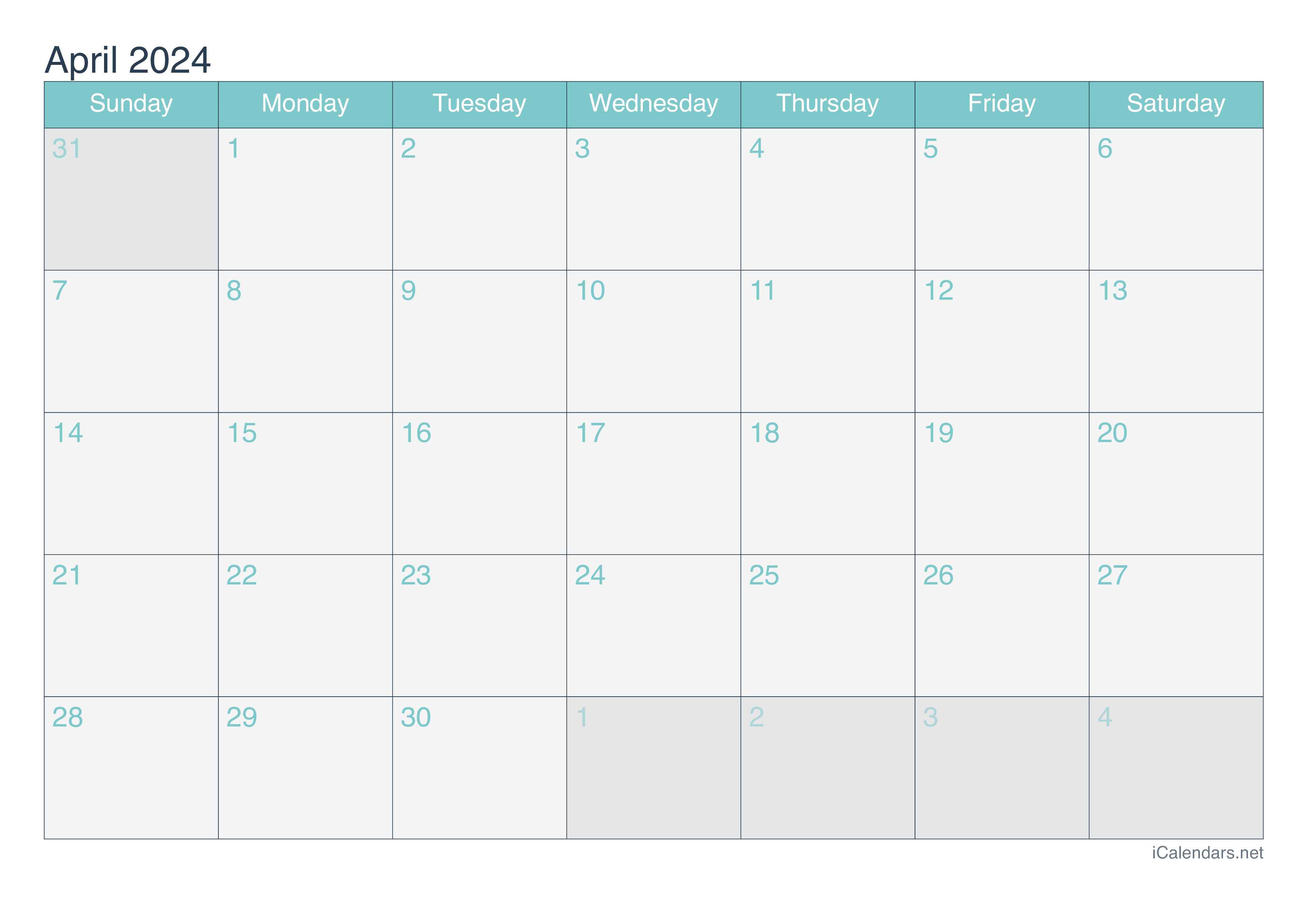 2024 April Calendar - Turquoise