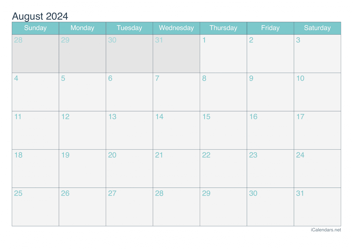 2024 August Calendar - Turquoise