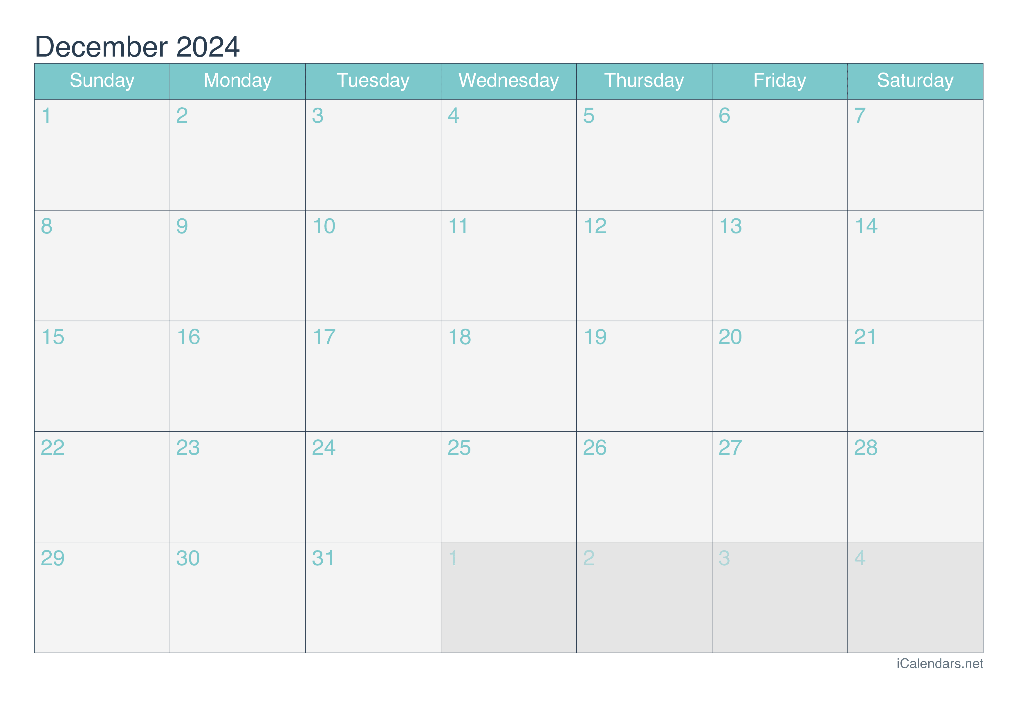 2024 December Calendar - Turquoise