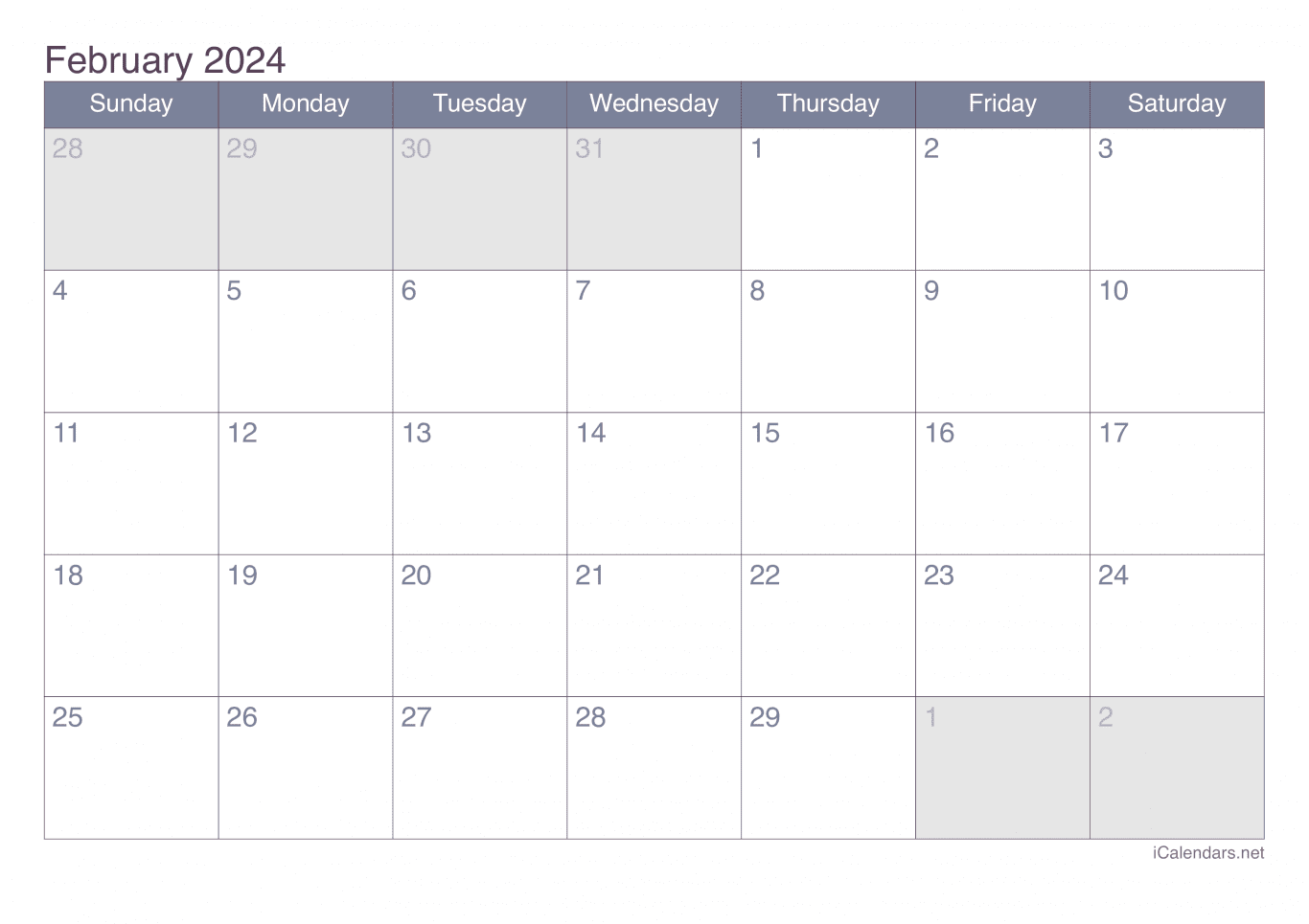 2024 February Calendar - Office