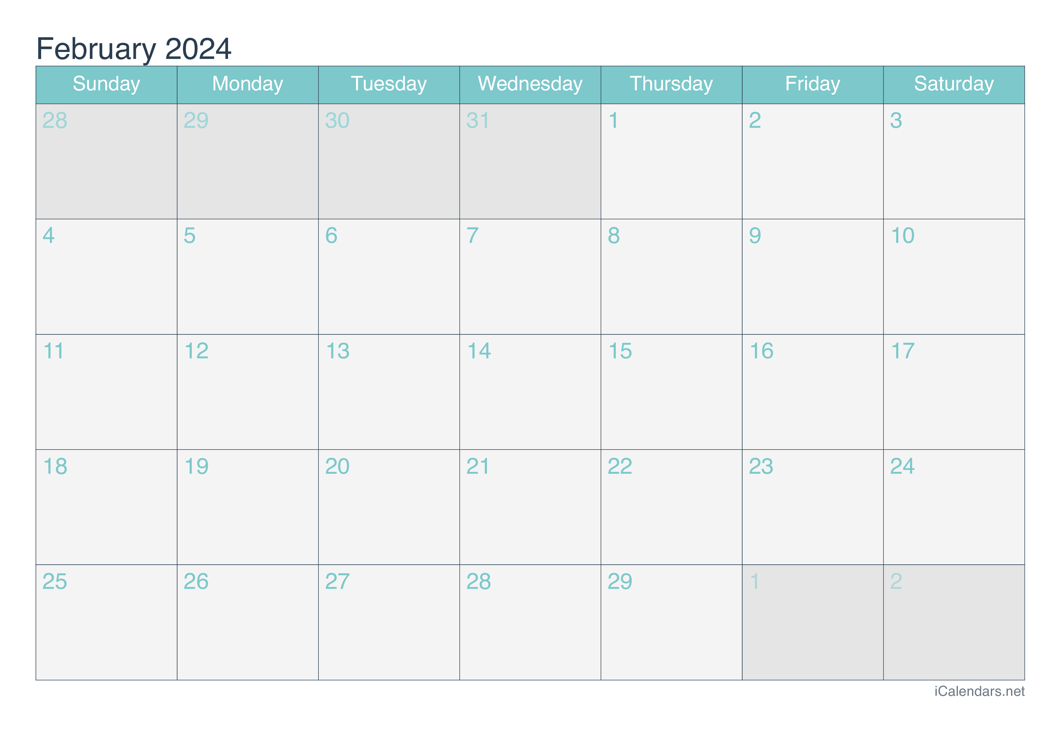 2024 February Calendar - Turquoise