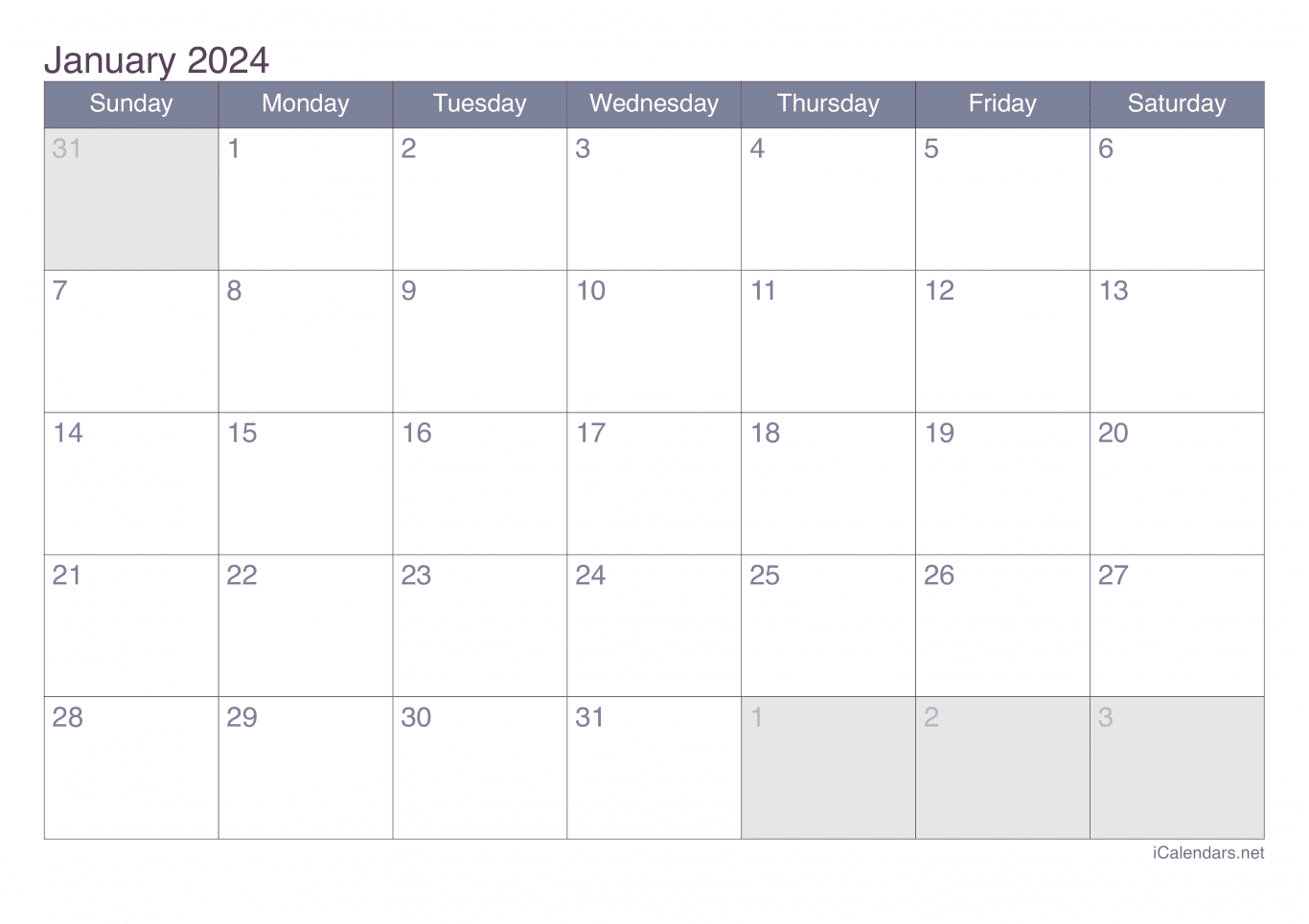 2024 January Calendar - Office