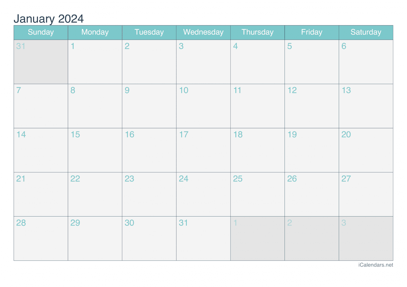 2024 January Calendar - Turquoise