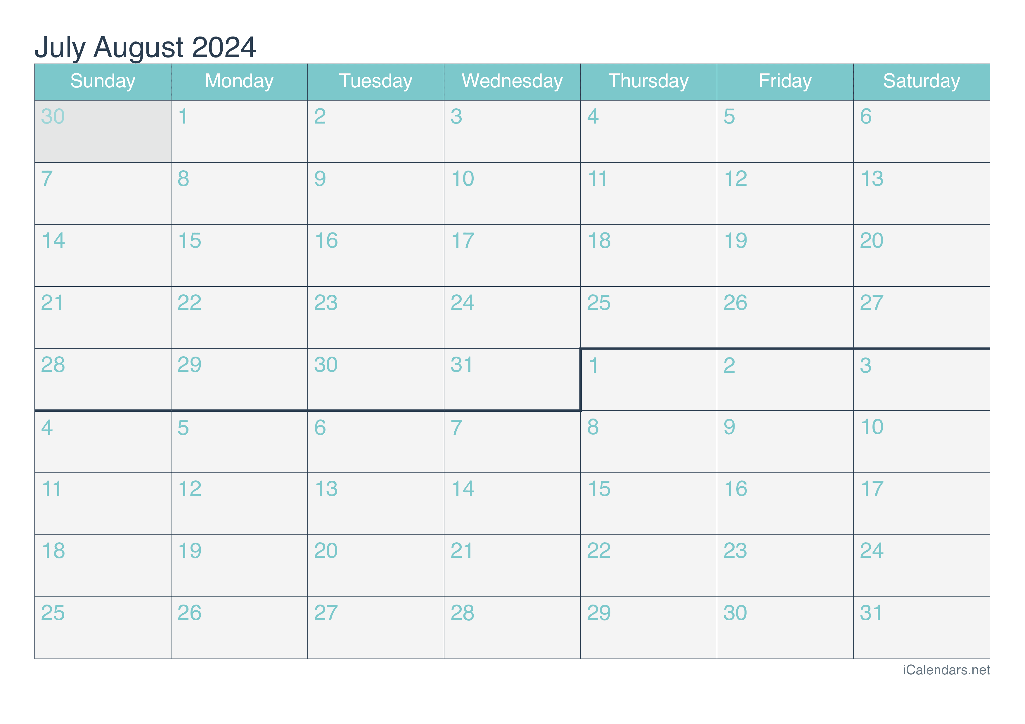 2024 July August Calendar - Turquoise