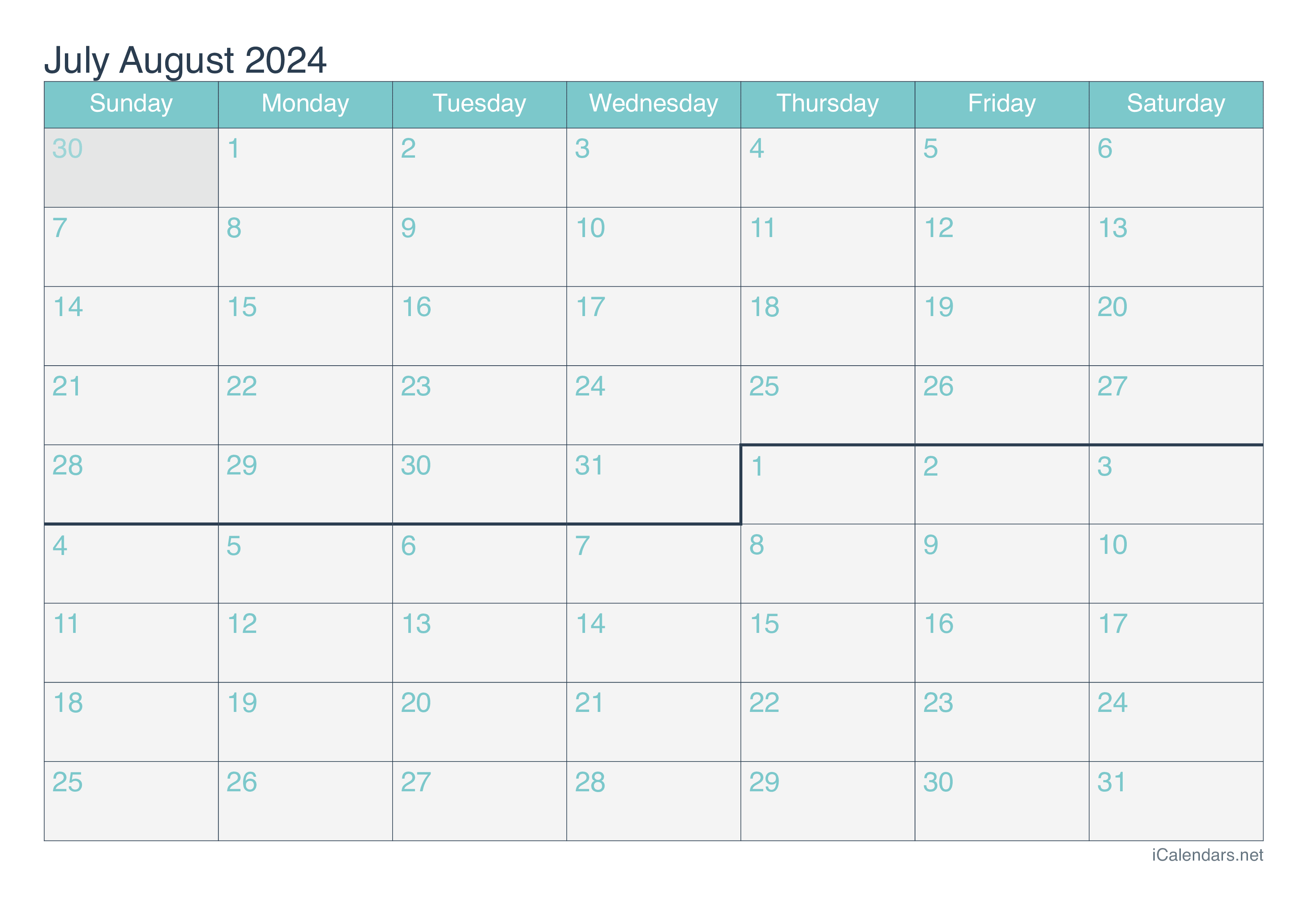 July and August 2024 Printable Calendar