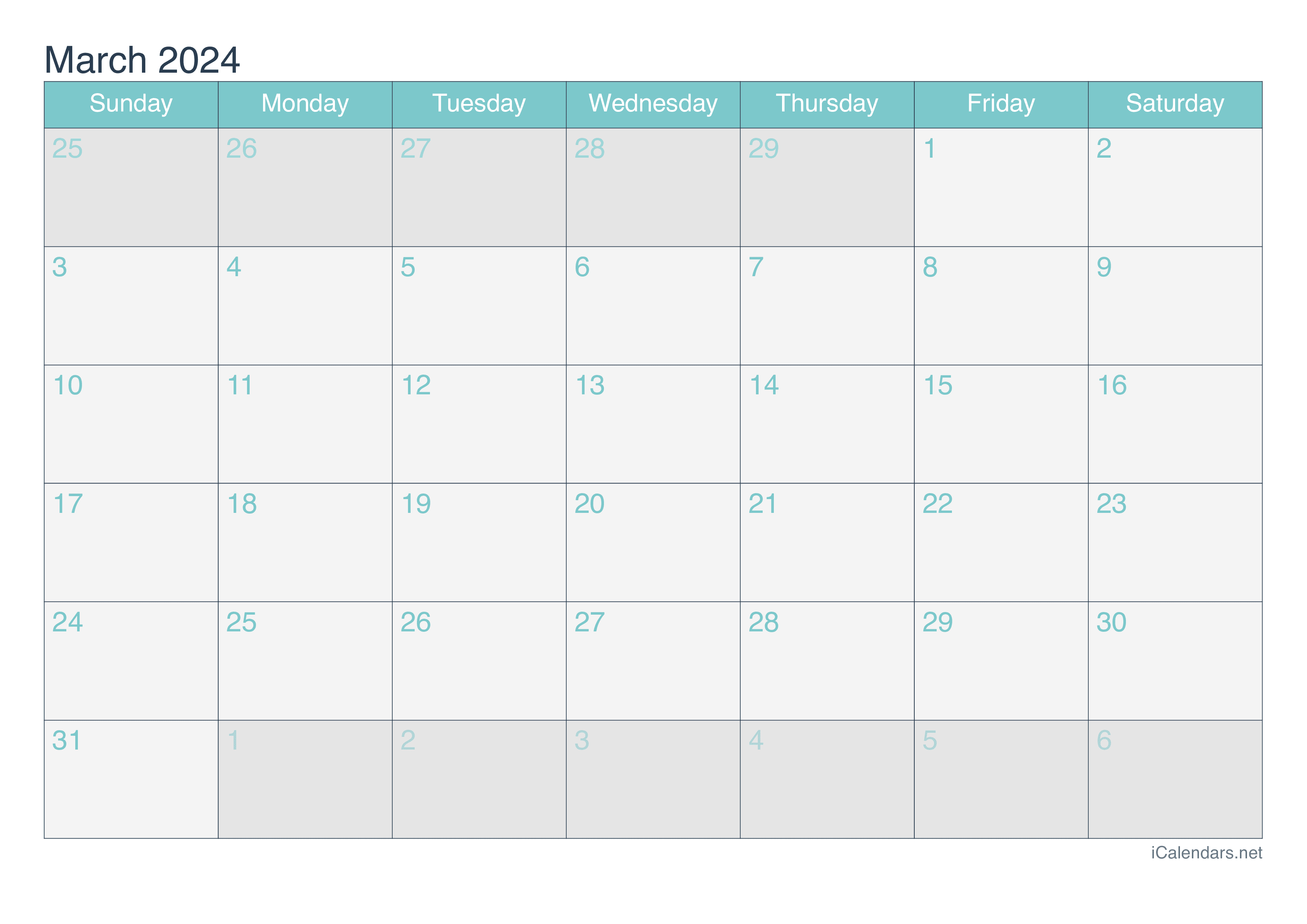 2024 March Calendar - Turquoise