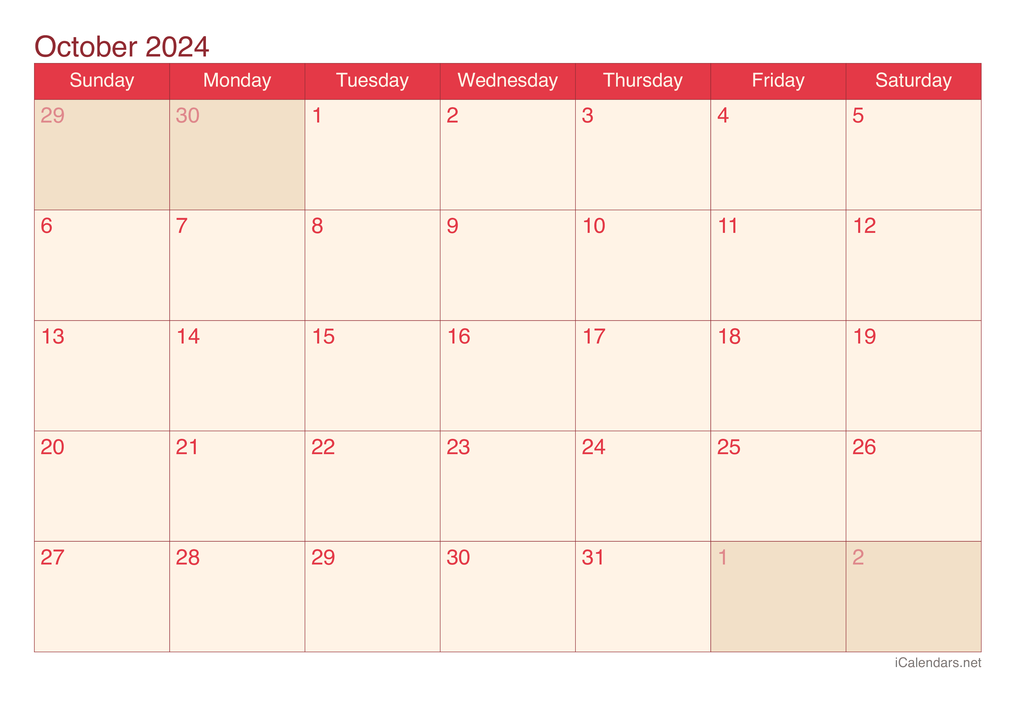 2024 October Calendar - Cherry