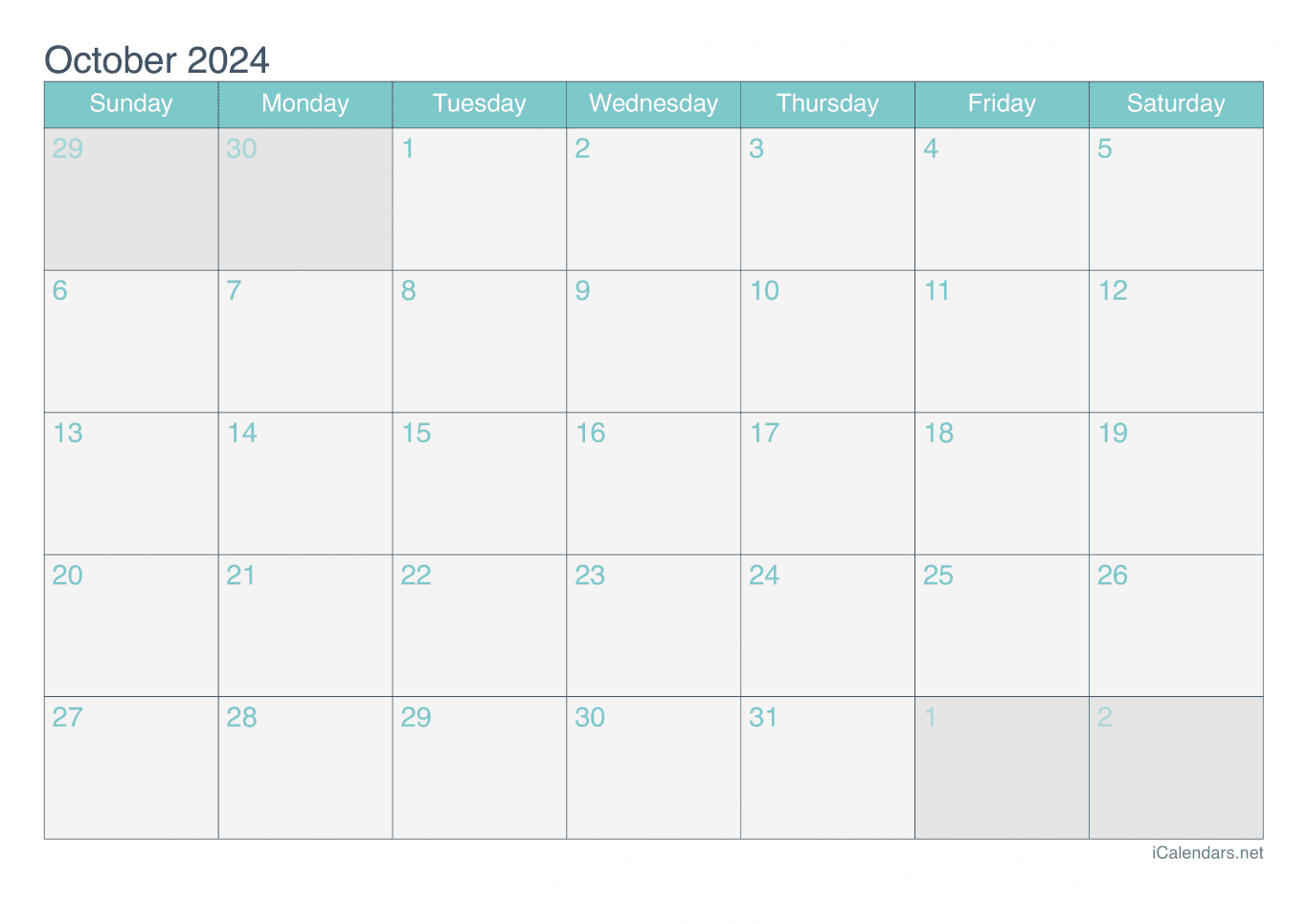 2024 October Calendar - Turquoise