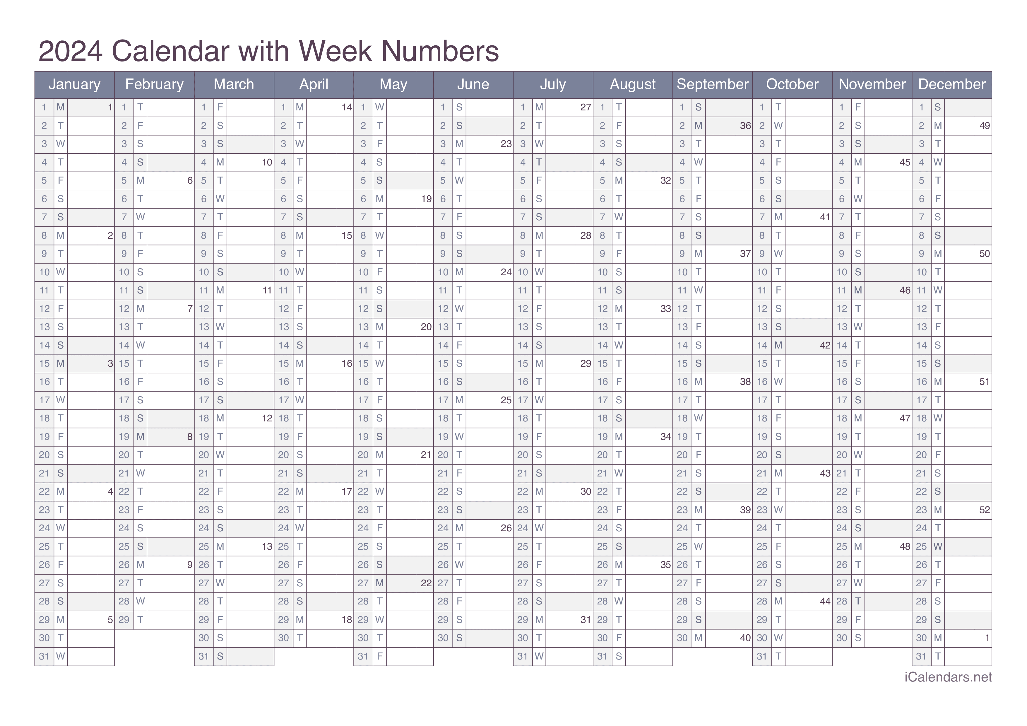 2024 Calendar with week numbers - Office