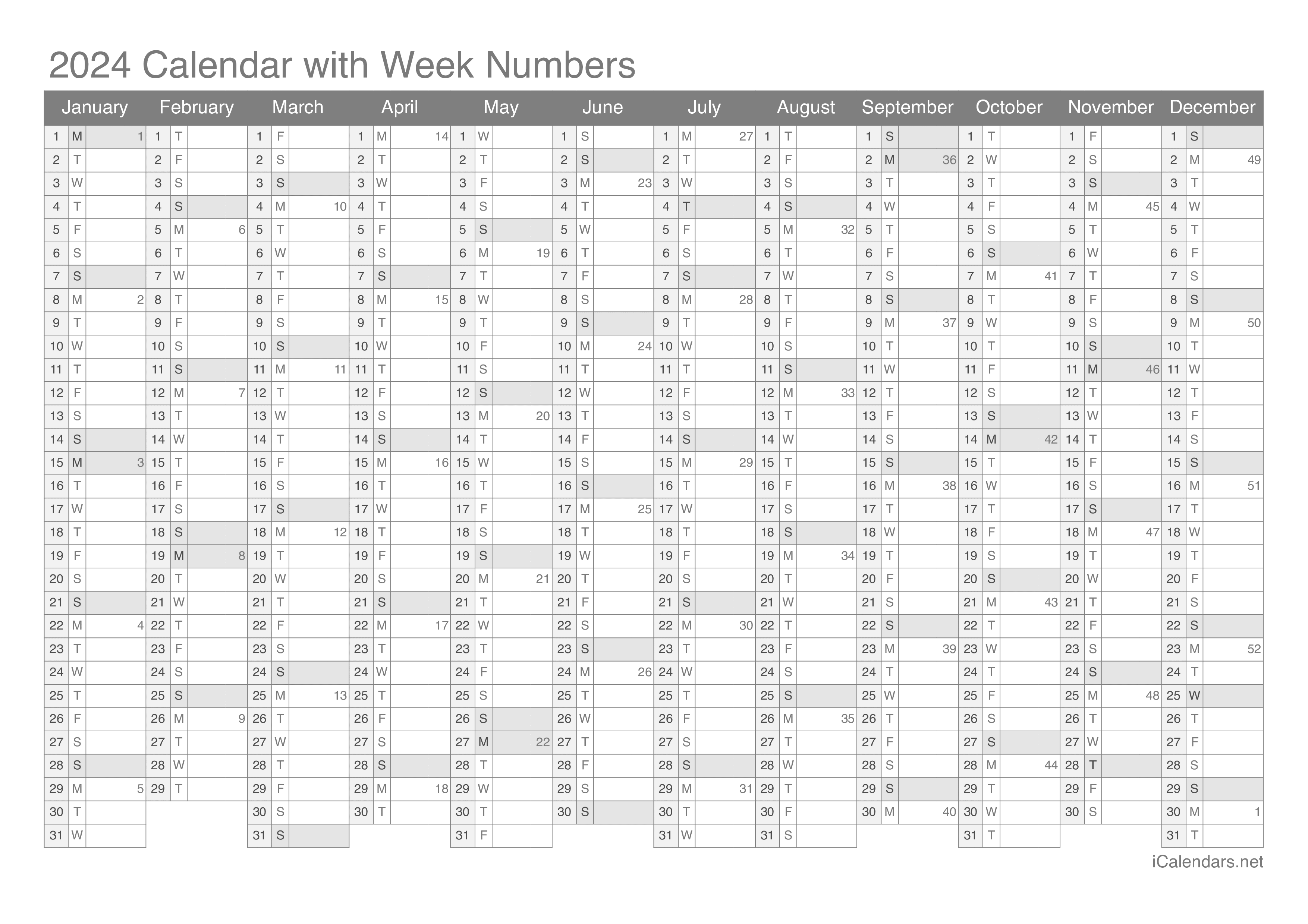 2024 Weekly Calendar Excel Printable Calendar 2024