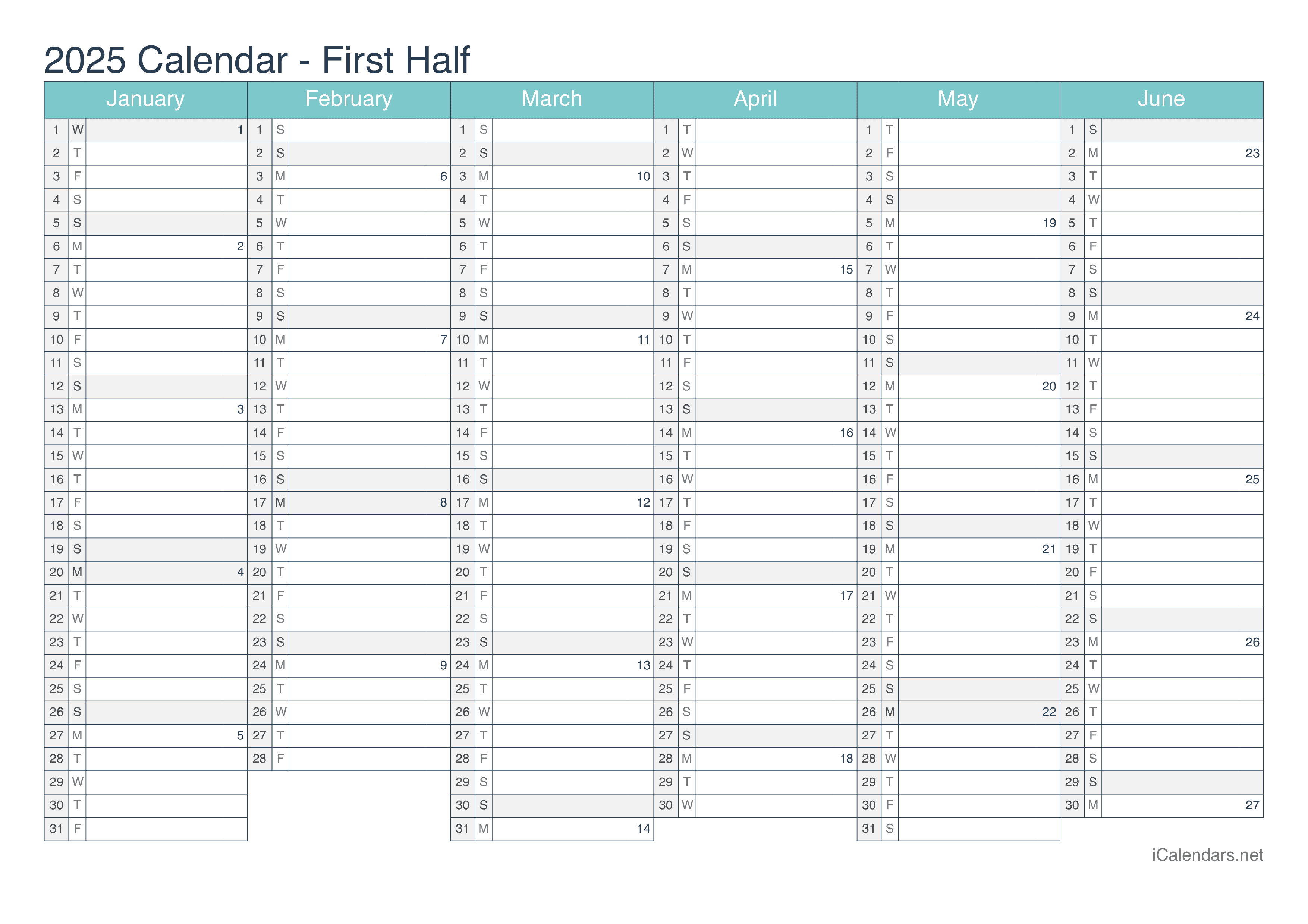 2025 Half year calendar with week numbers - Turquoise
