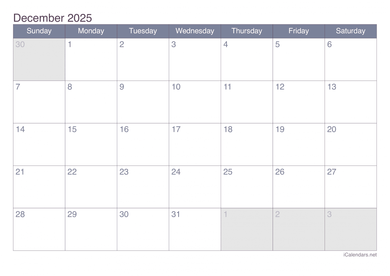 2025 December Calendar - Office