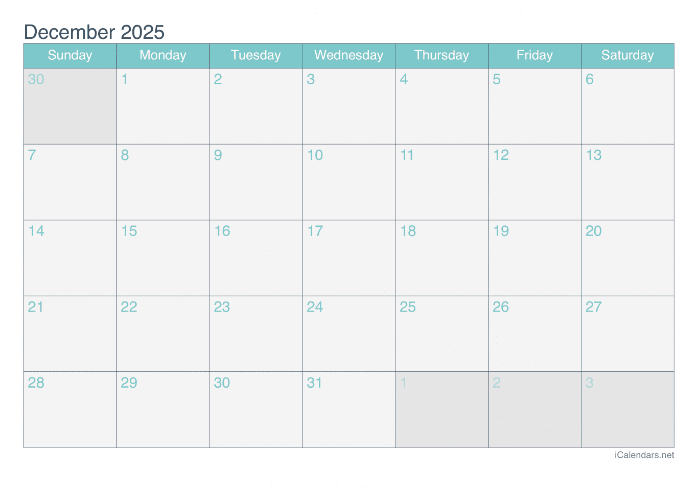 2025 December Calendar - Turquoise