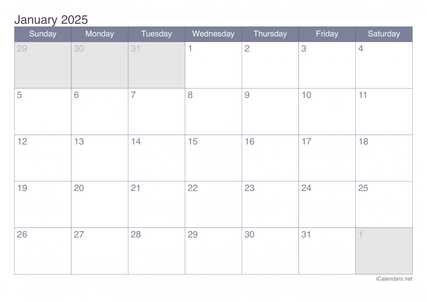 2025 January Calendar - Office