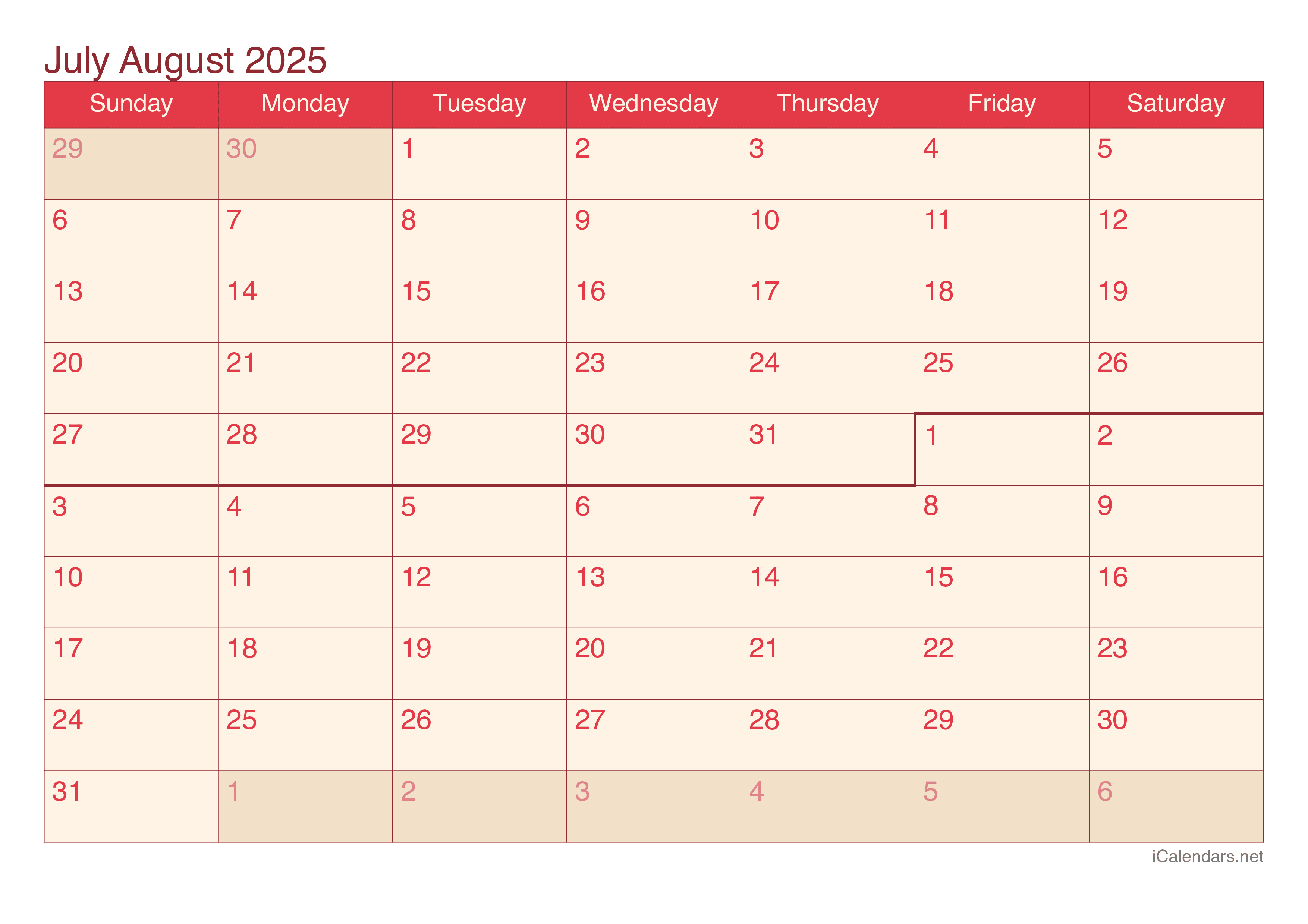 Calendar 2025 July August 