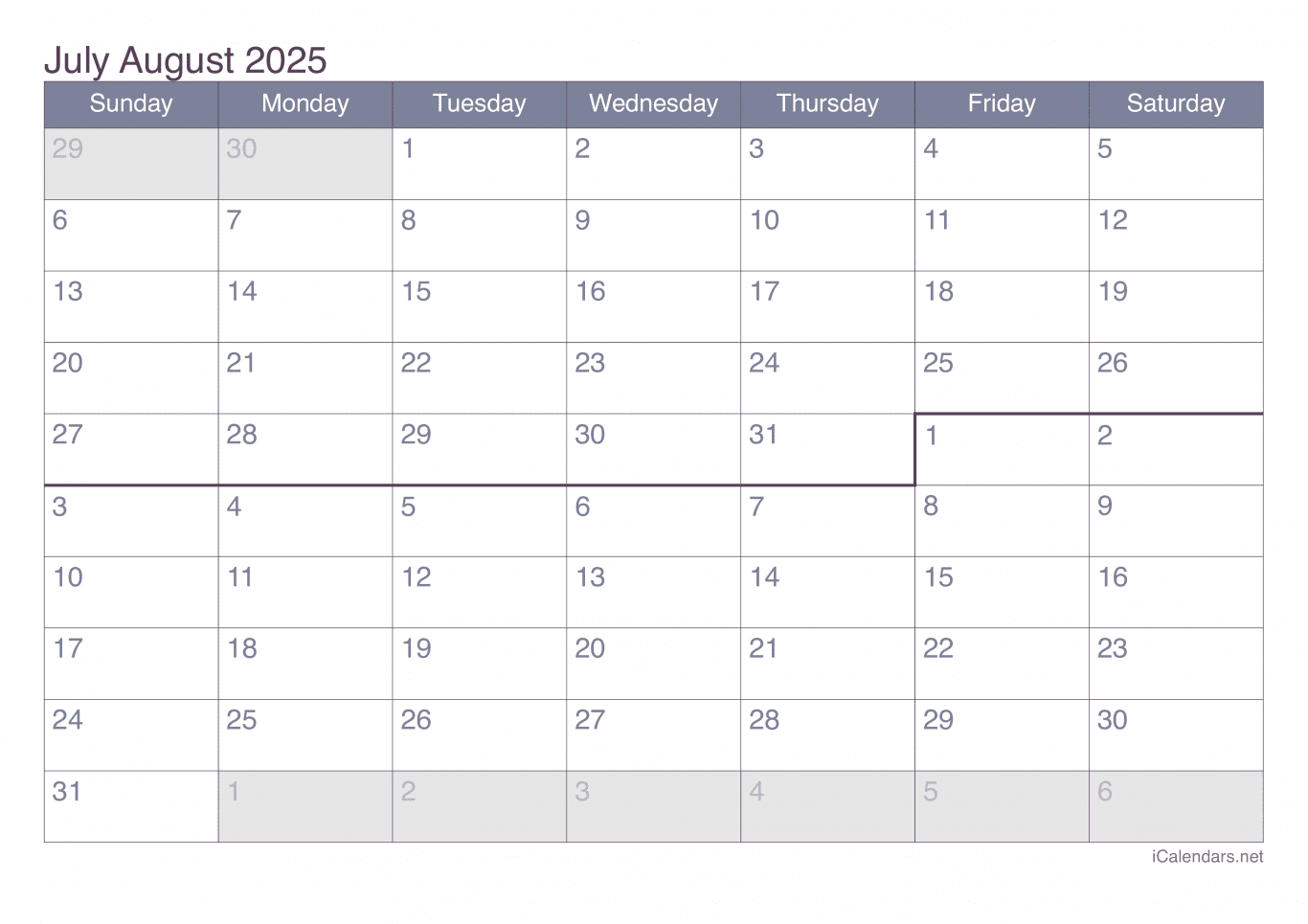 2025 July August Calendar - Office