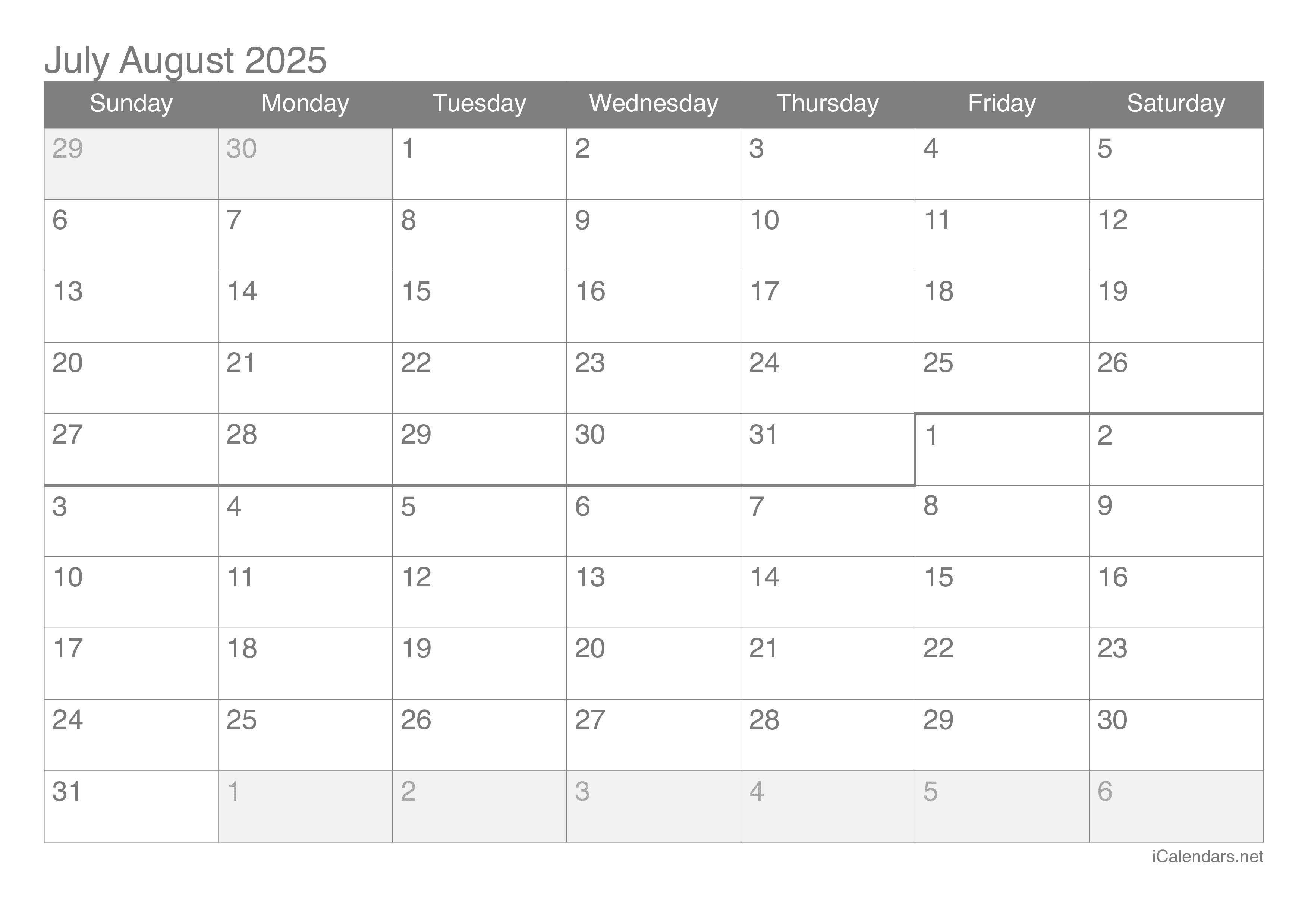 Free Calendar Template July And August 2025