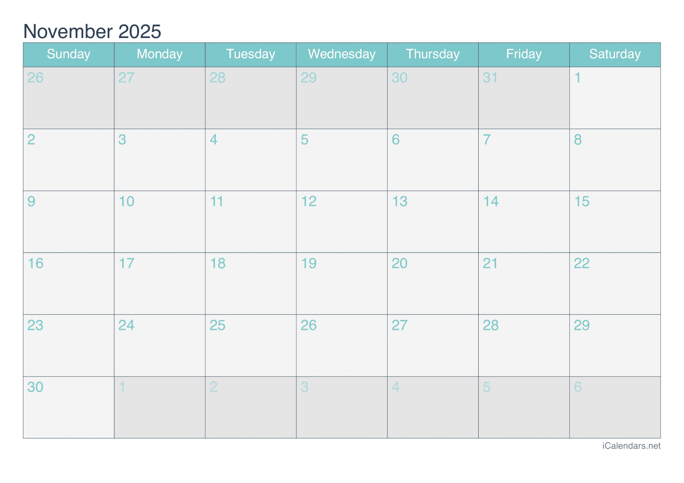 2025 November Calendar - Turquoise