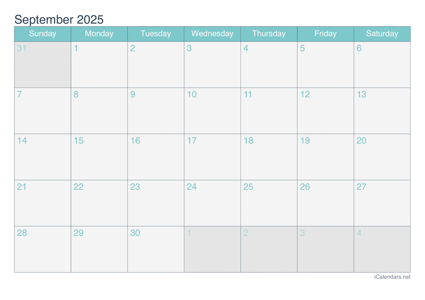 2025 September Calendar - Turquoise