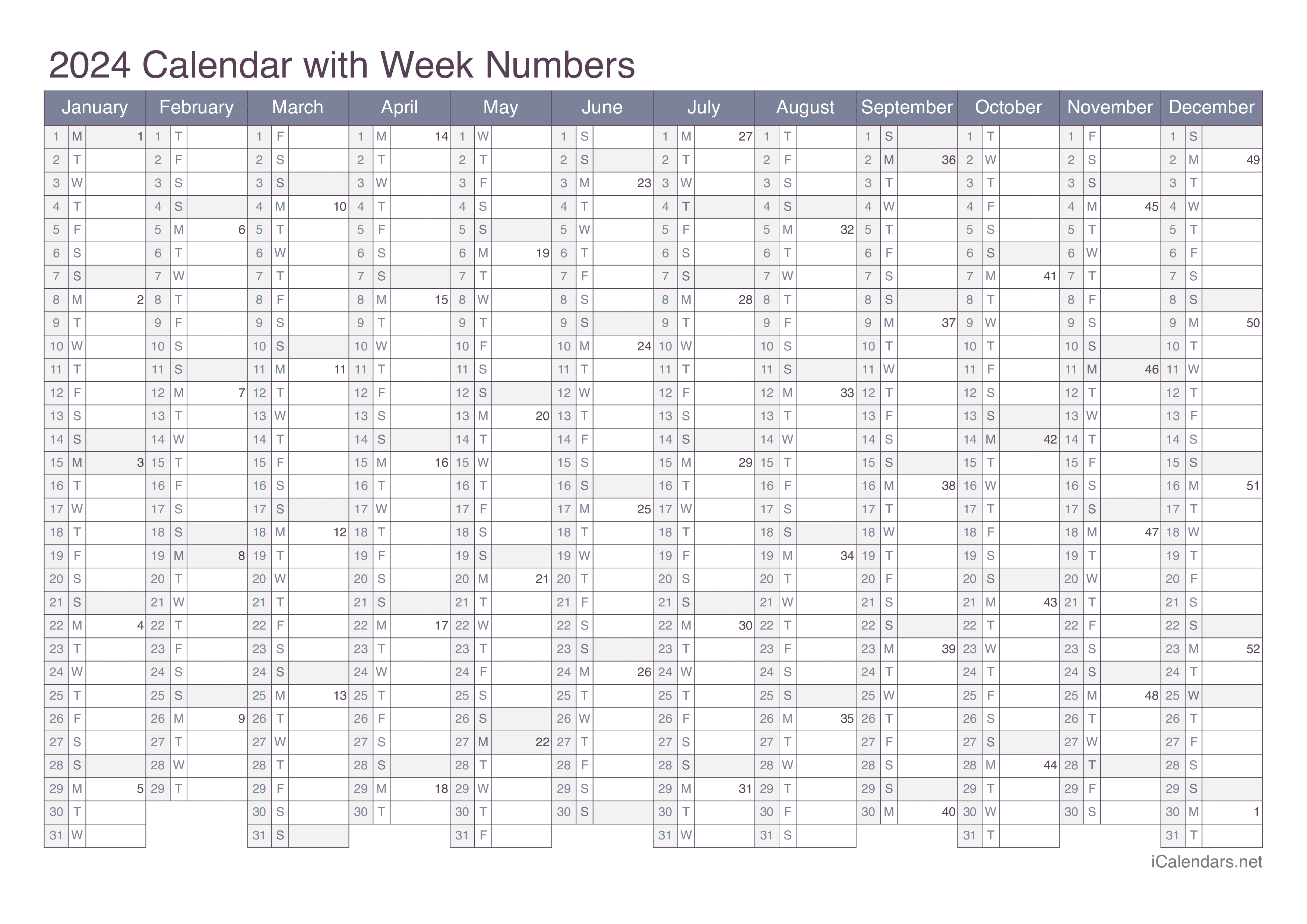 Free 22025 Numbered Weeks Calendar United States 