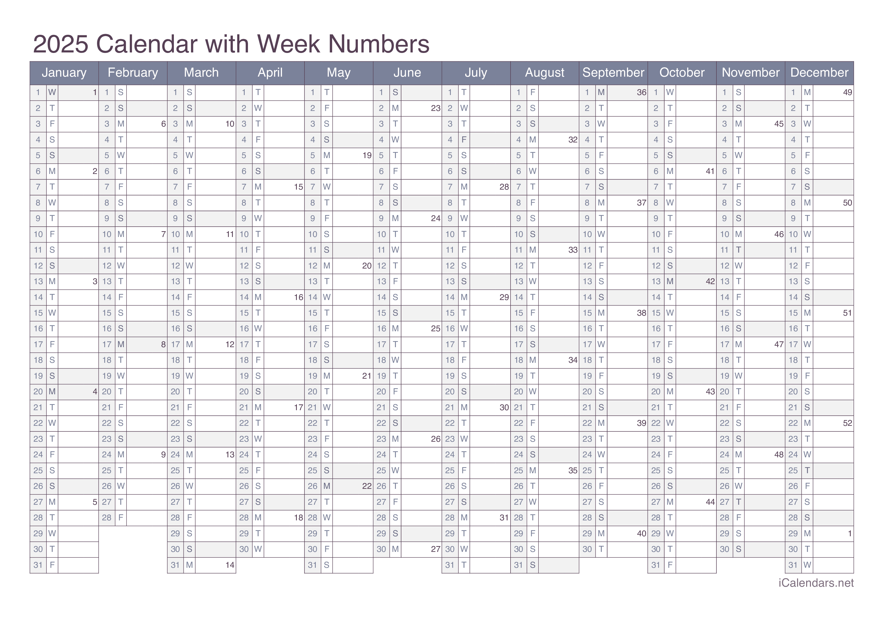 2025 Calendar with week numbers - Office