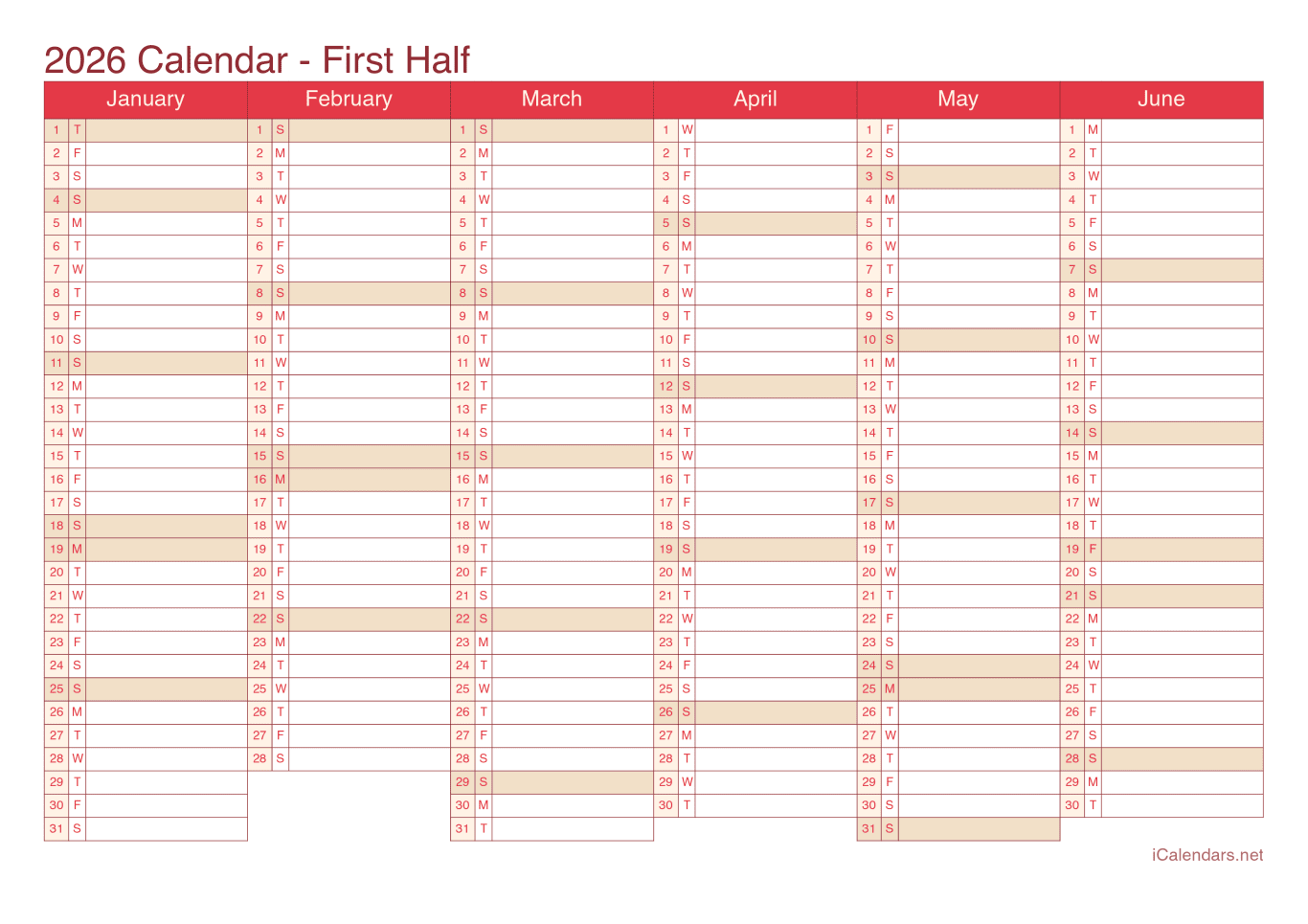 2026 Half year calendar - Cherry